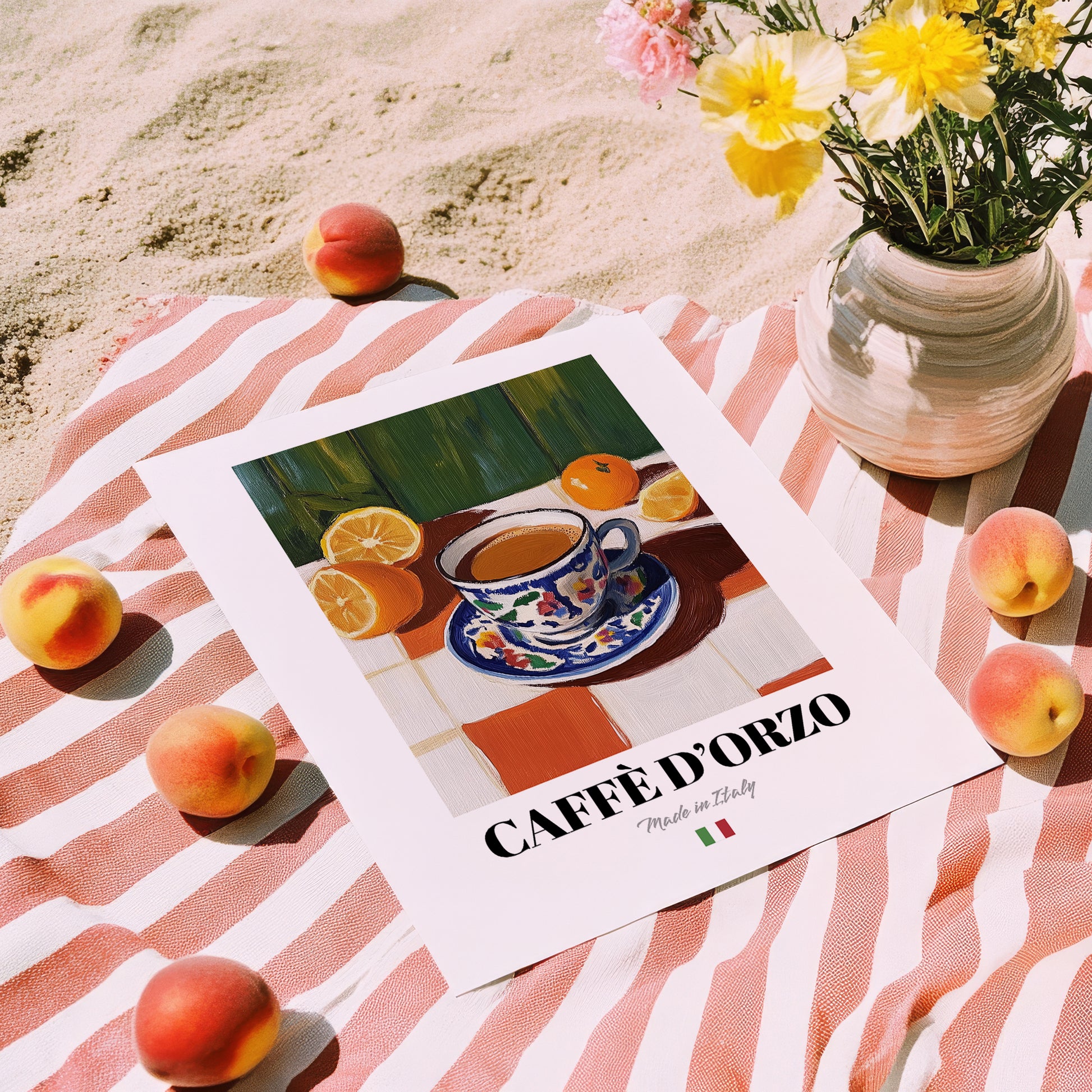 Caffè d'Orzo – Italian Cocktail Drink, Sky Bar Print, unframed on coastal sand