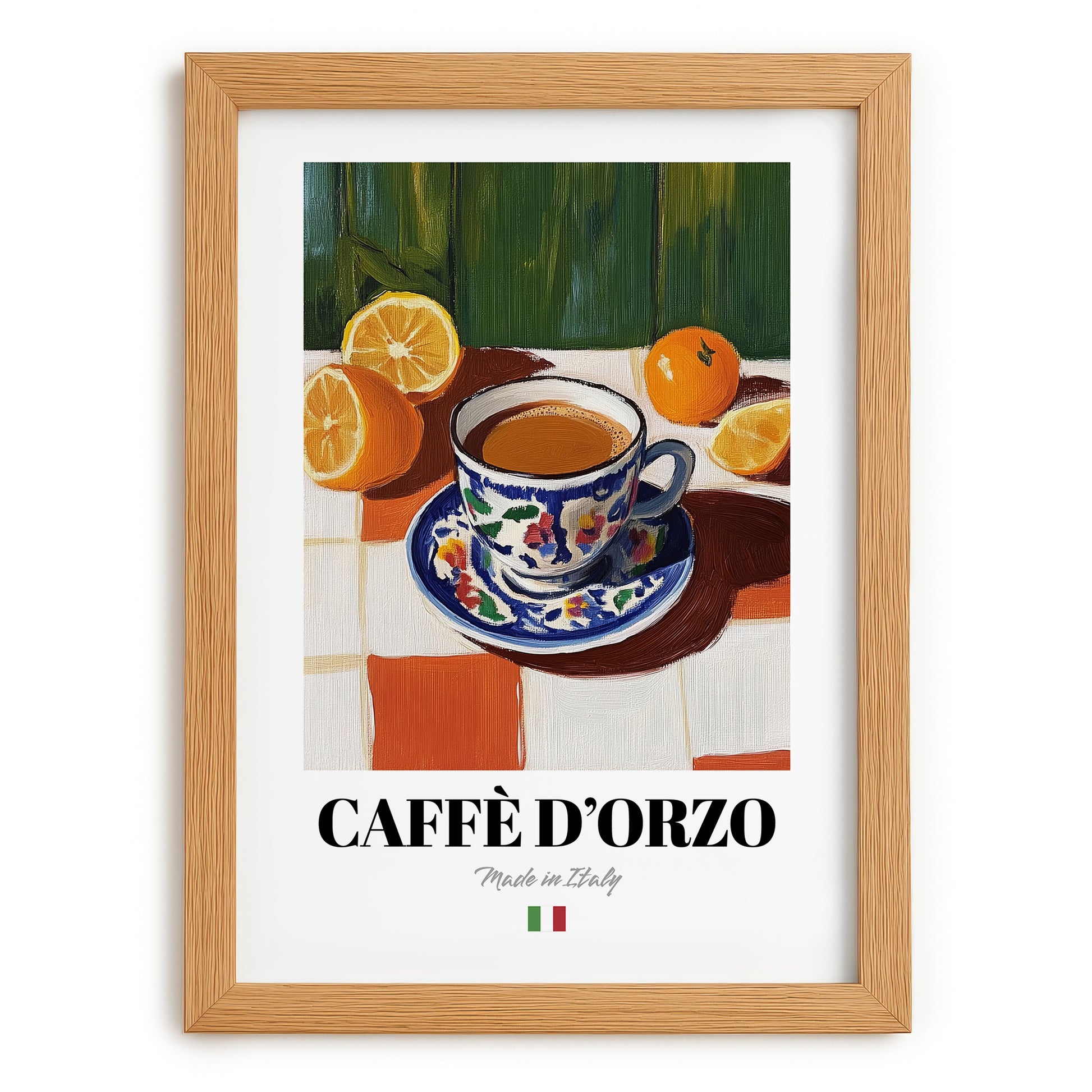 Caffè d'Orzo – Italian Cocktail Drink, Sky Bar Print, set in oak frame