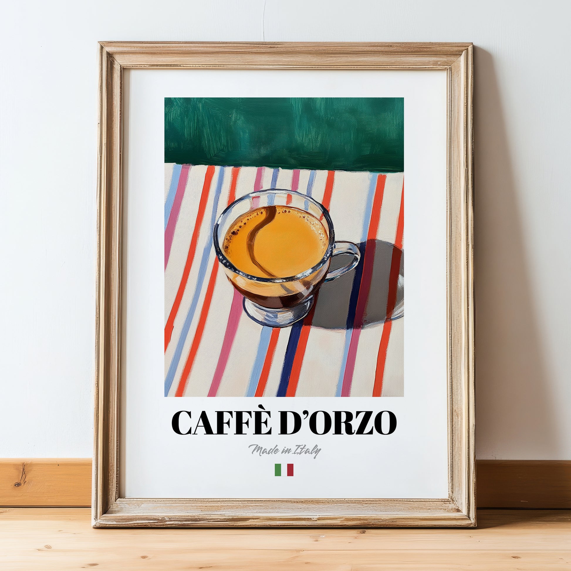 Caffè d'Orzo – Italian Coffee, Street Café Print, in wooden frame leaning on the floor