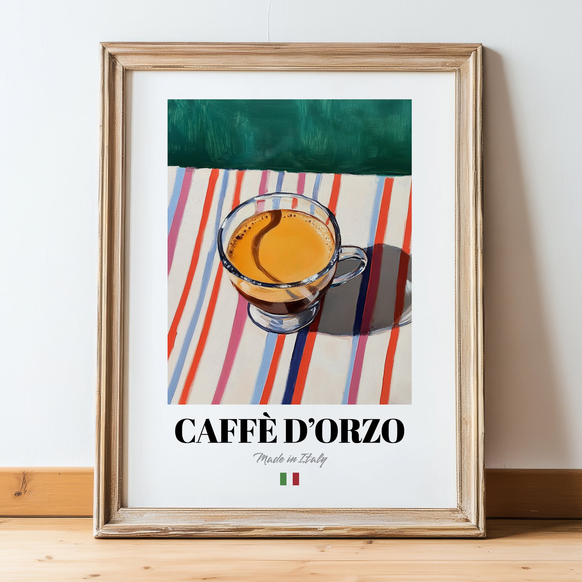 Caffè d'Orzo – Italian Coffee, Street Café Print, in wooden frame leaning on the floor