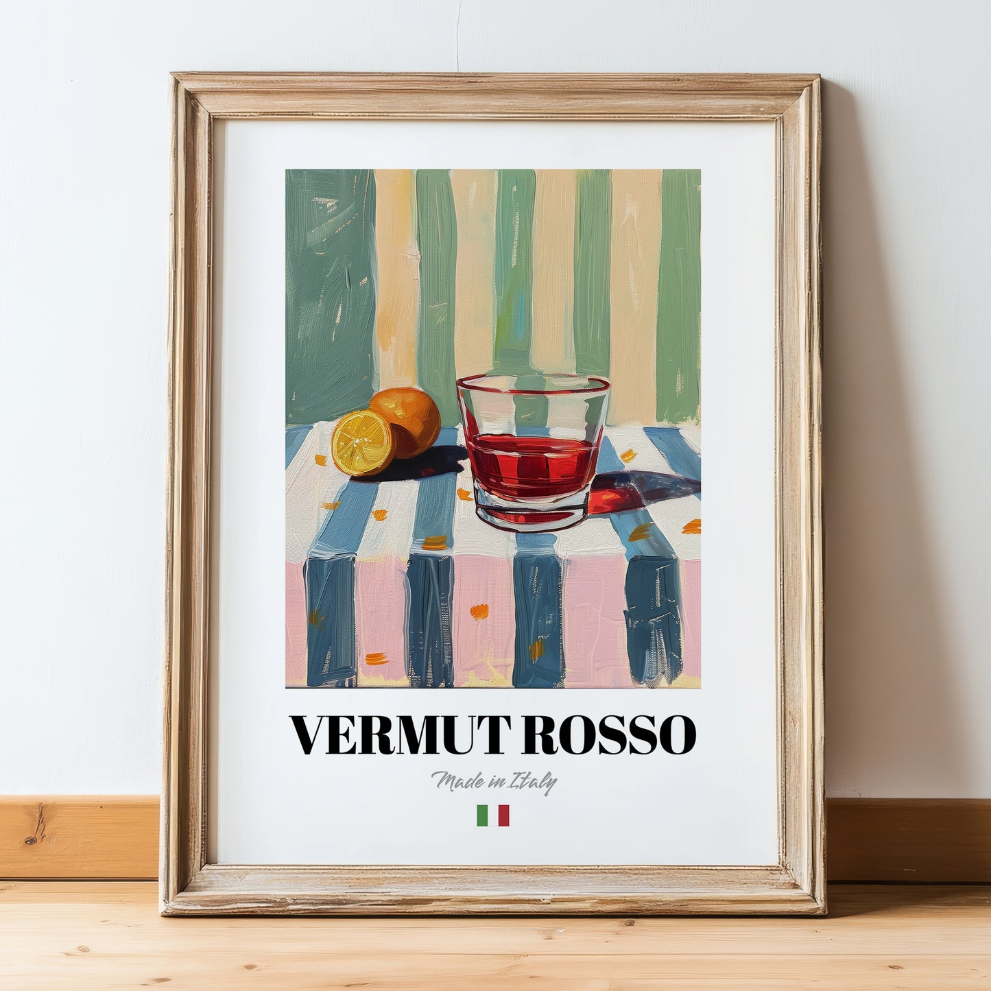 Vermut Rosso – Italian Cocktail Drink, Beach Bar Print, in wooden frame leaning on the floor