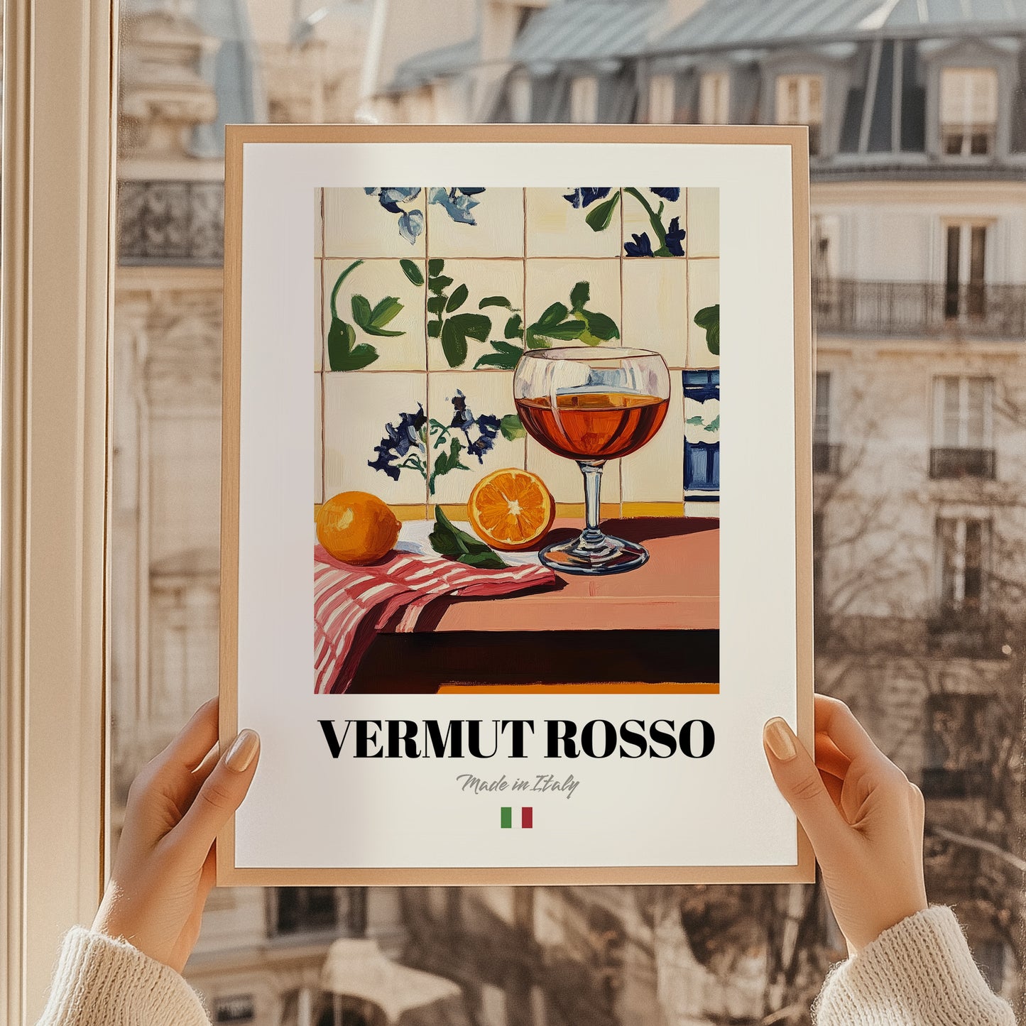 Vermut Rosso – Italian Cocktail Drink, Sky Bar Print, styled in a charming Paris street view