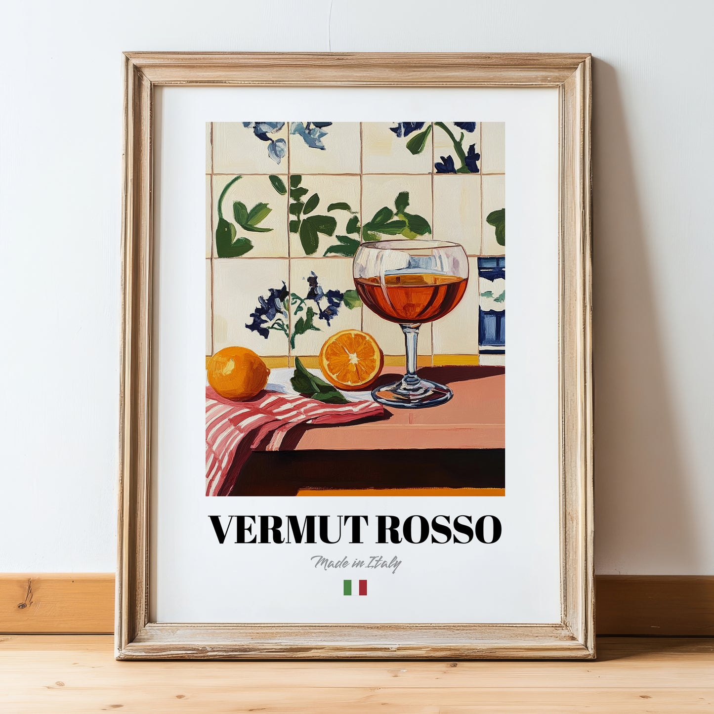 Vermut Rosso – Italian Cocktail Drink, Sky Bar Print, in wooden frame leaning on the floor