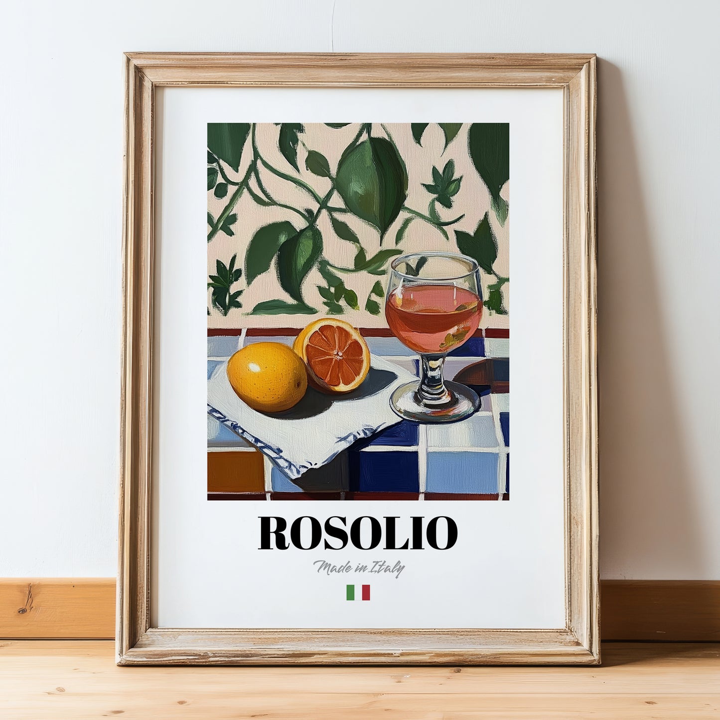 Rosolio – Italian Liqueur Drink, Rooftop Terrace Art, in wooden frame leaning on the floor