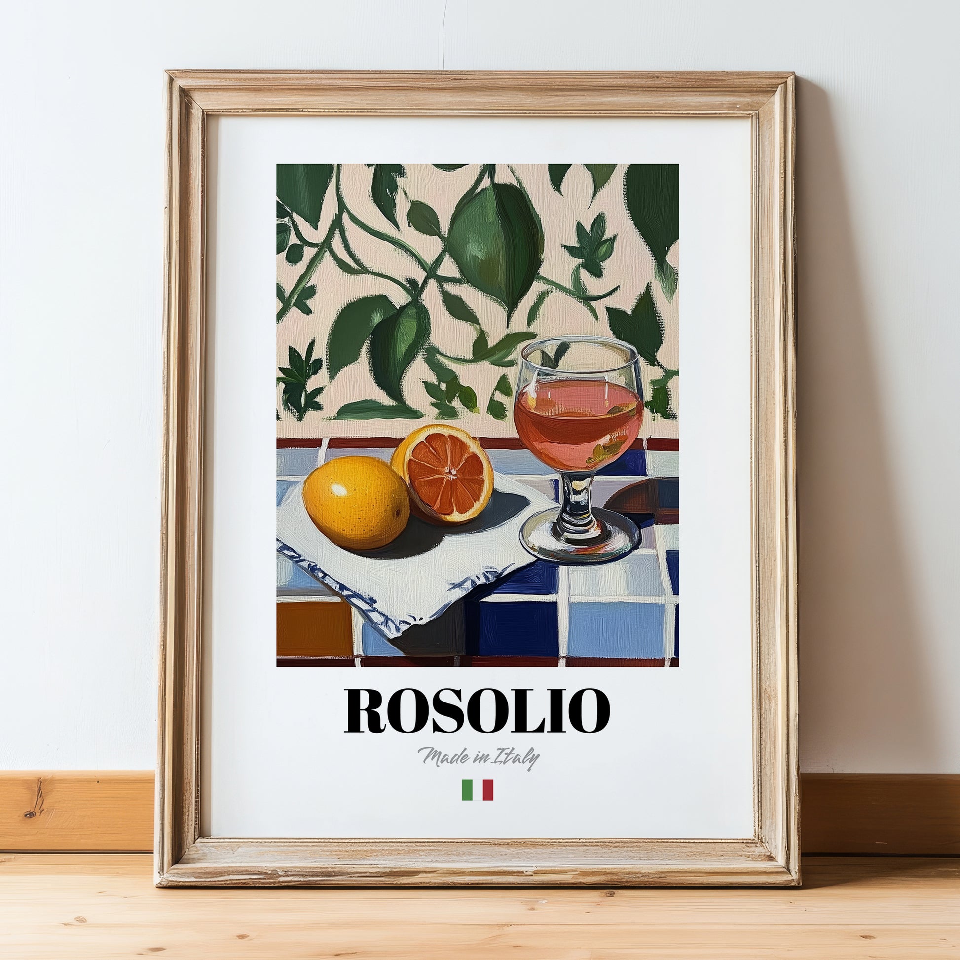 Rosolio – Italian Liqueur Drink, Rooftop Terrace Art, in wooden frame leaning on the floor
