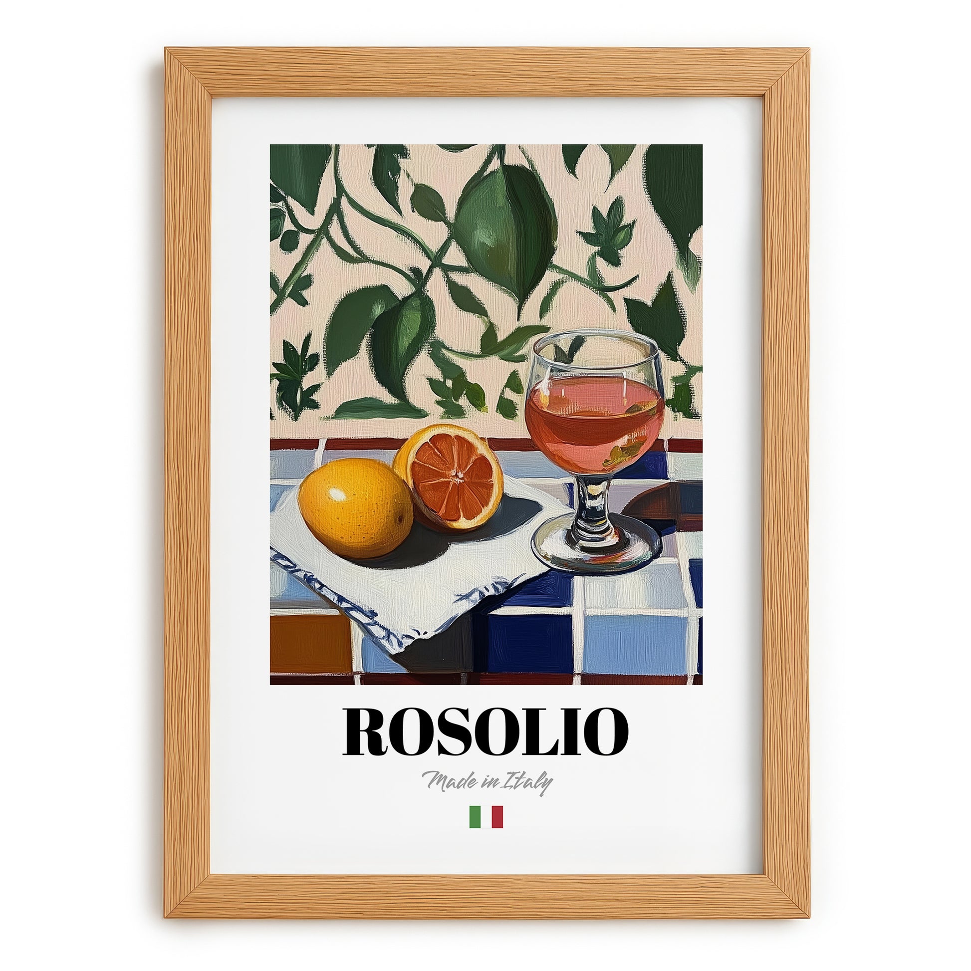 Rosolio – Italian Liqueur Drink, Rooftop Terrace Art, set in oak frame
