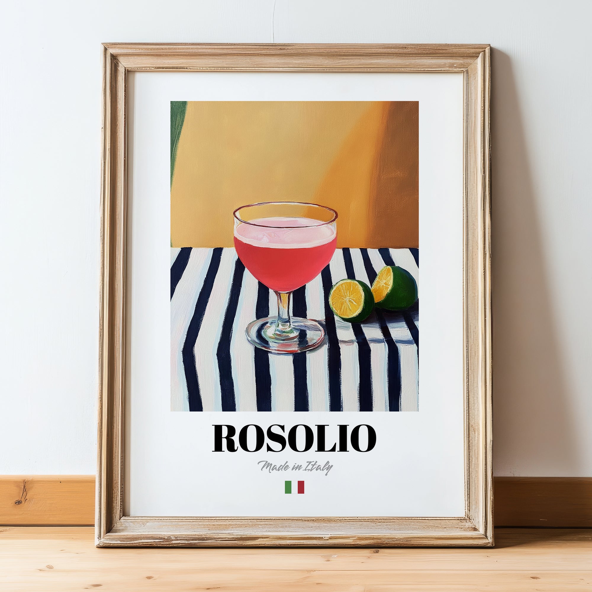 Rosolio – Italian Liqueur Drink, Sky Bar Poster, in wooden frame leaning on the floor