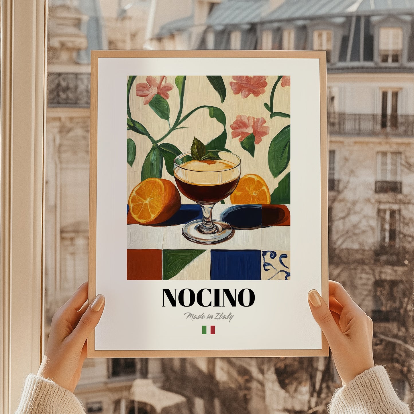 Nocino – Italian Liqueur Drink, Rooftop Terrace Print, styled in a charming Paris street view