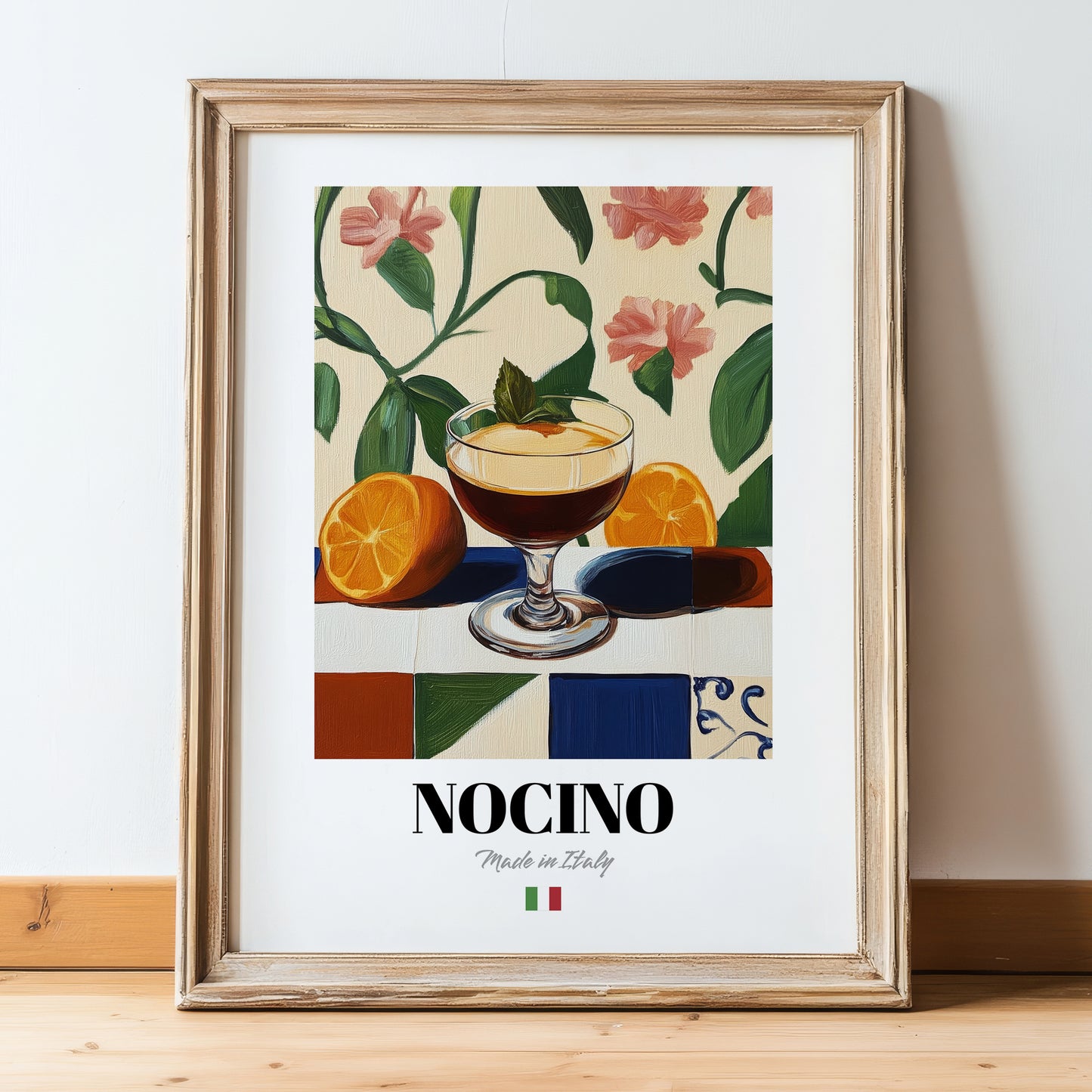 Nocino – Italian Liqueur Drink, Rooftop Terrace Print, in wooden frame leaning on the floor