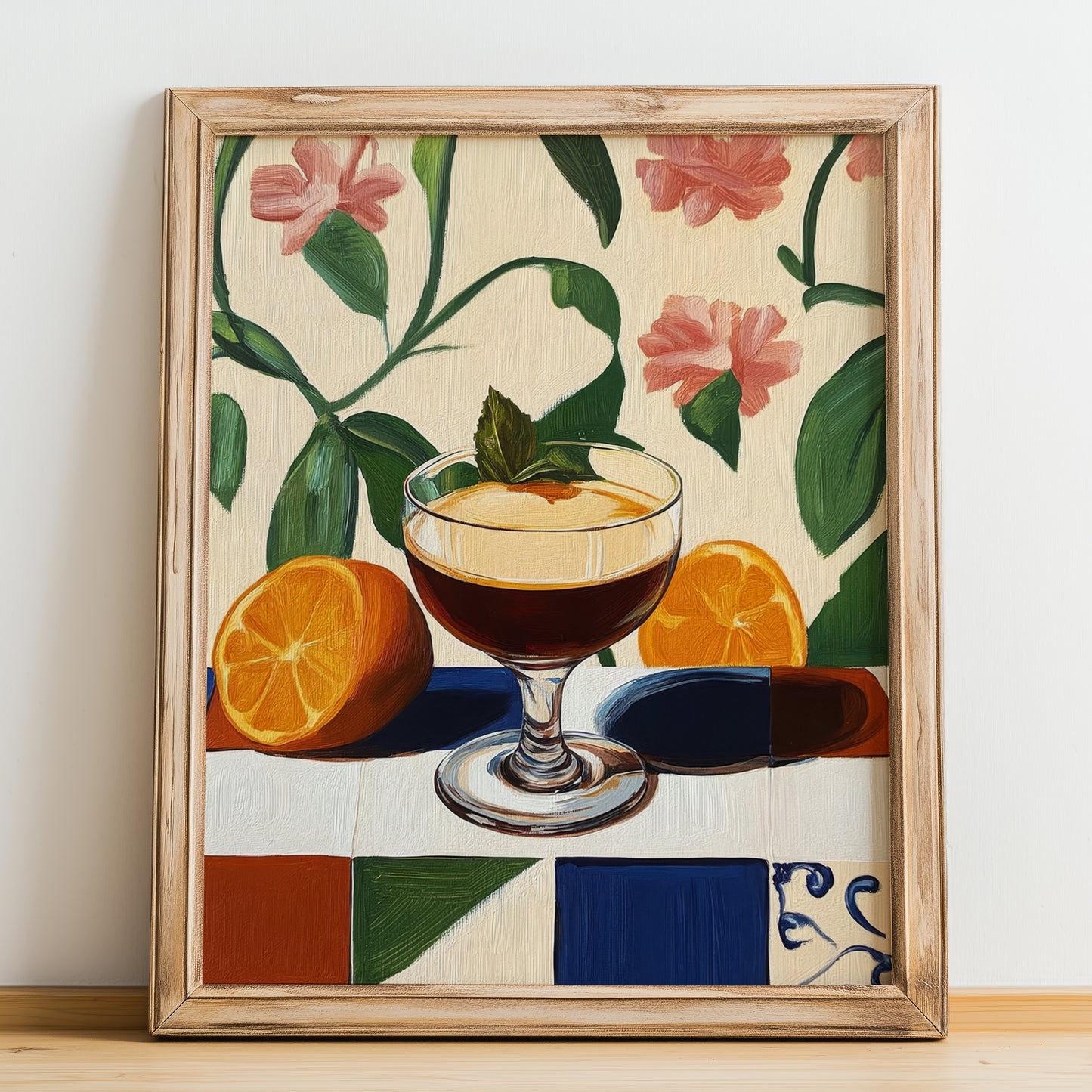 Nocino – Italian Liqueur Drink, Rooftop Terrace Print, no-text version framed in wood