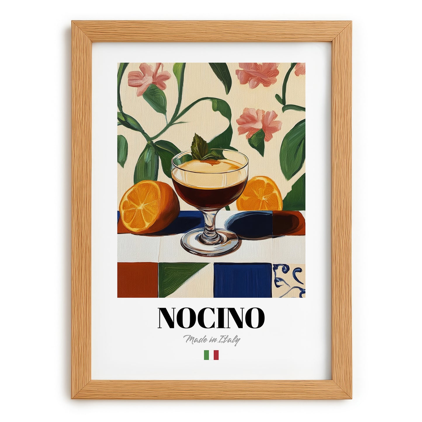 Nocino – Italian Liqueur Drink, Rooftop Terrace Print, set in oak frame