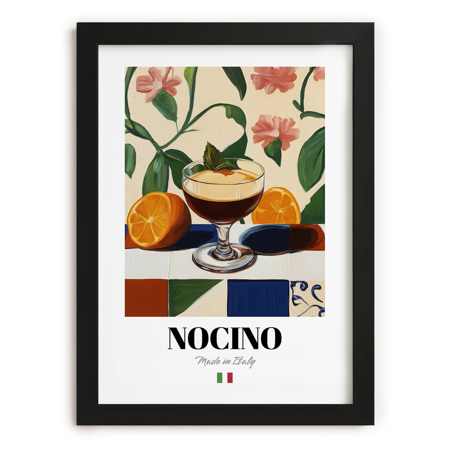Nocino – Italian Liqueur Drink, Rooftop Terrace Print, in sleek black frame