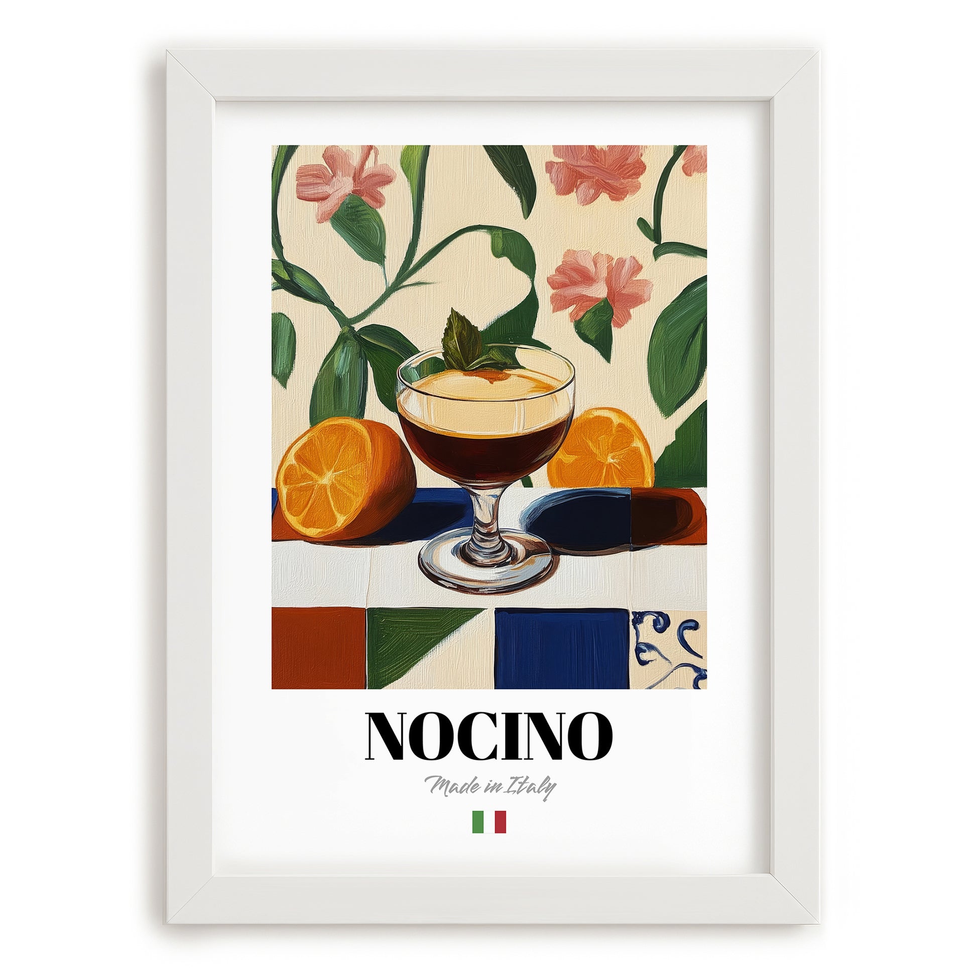 Nocino – Italian Liqueur Drink, Rooftop Terrace Print, placed in minimal white frame