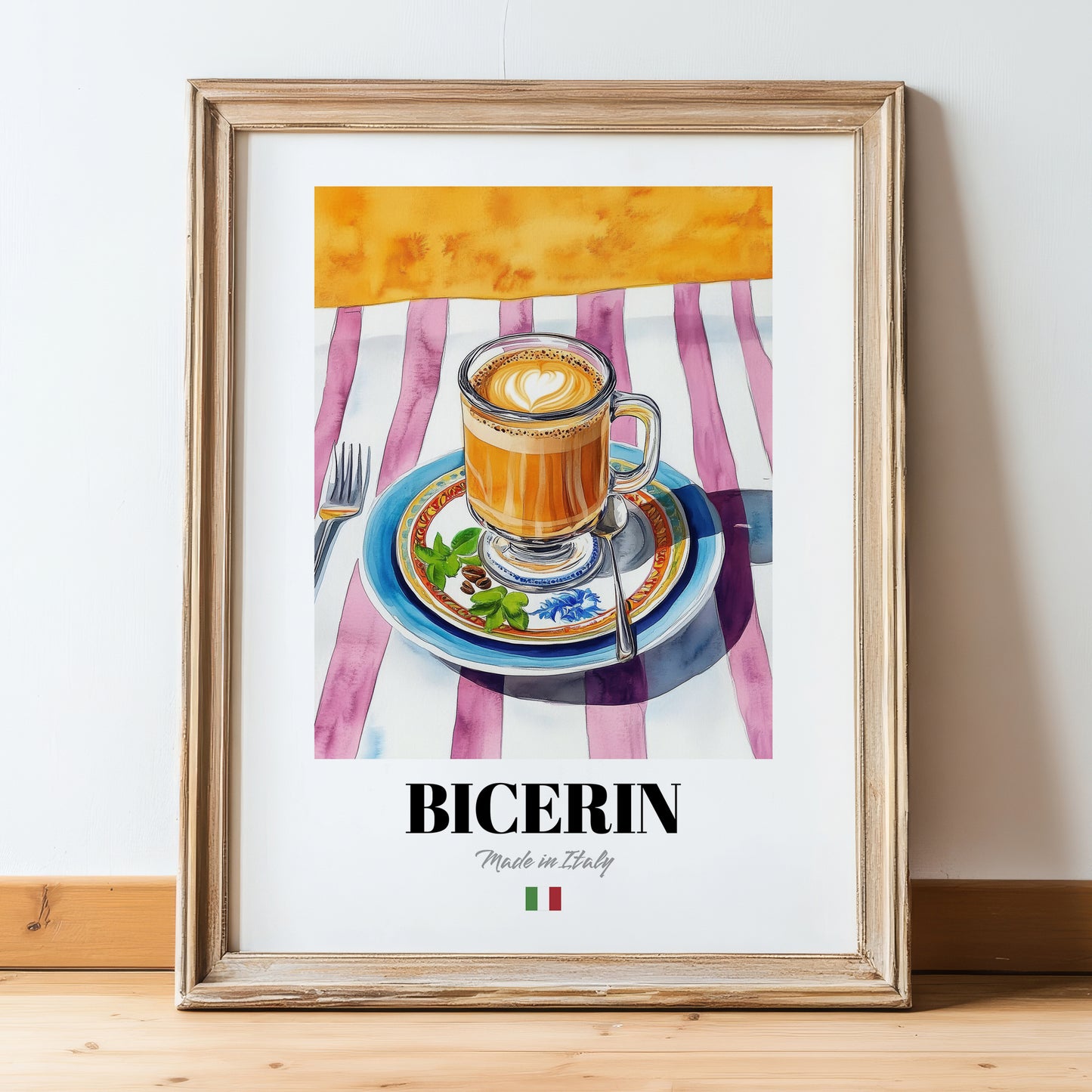 Bicerin – Italian Coffee, Café Poster, in wooden frame leaning on the floor