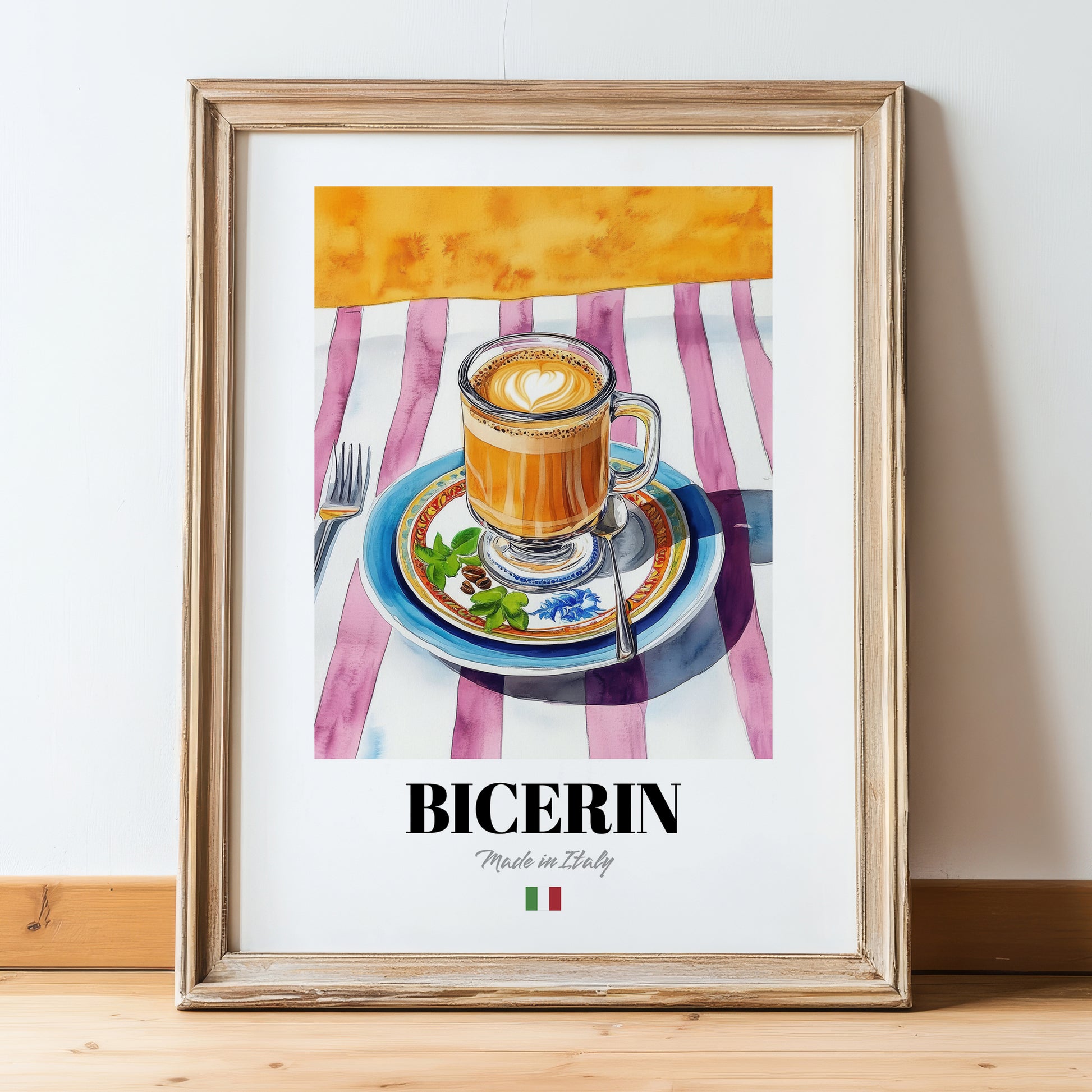 Bicerin – Italian Coffee, Café Poster, in wooden frame leaning on the floor