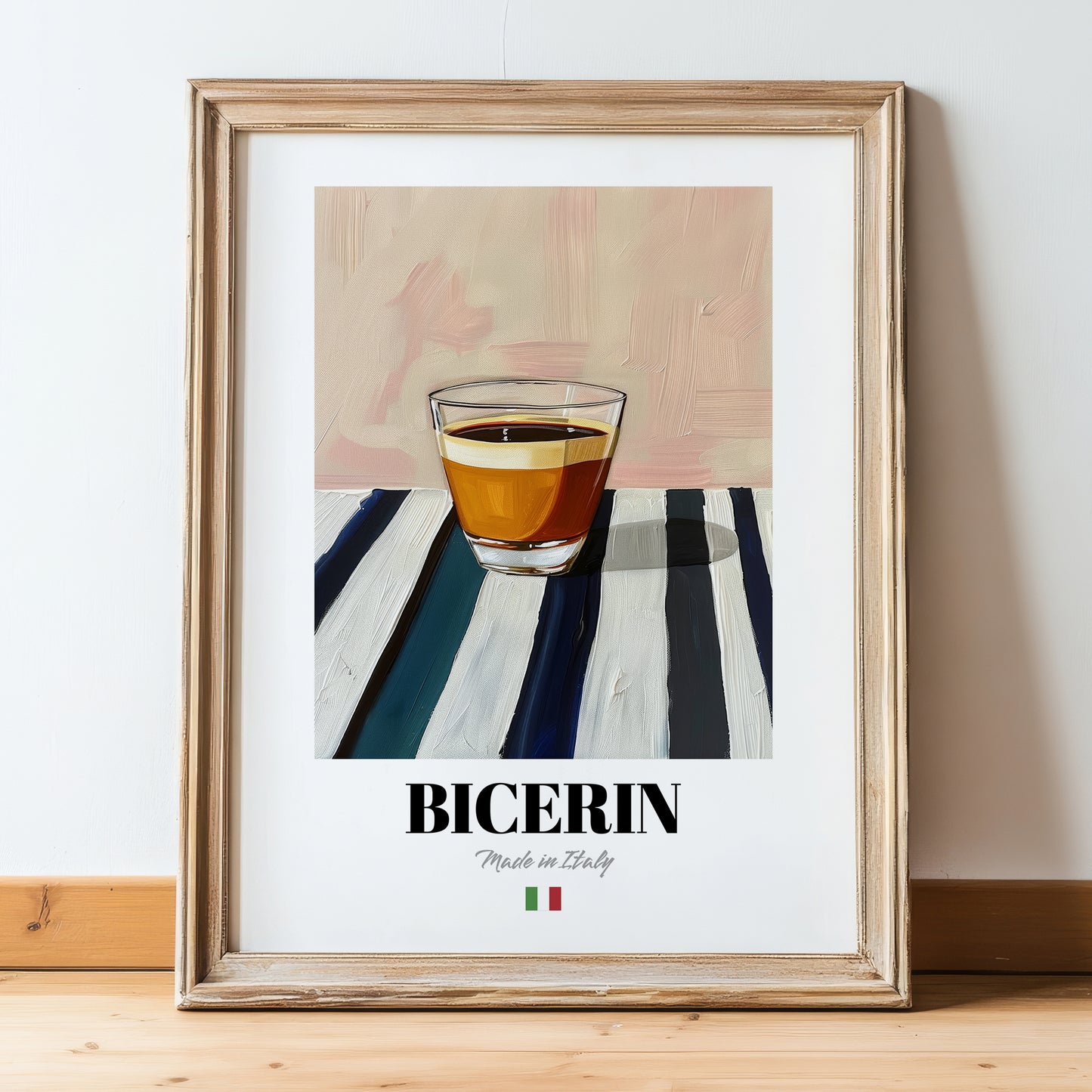 Bicerin – Italian Coffee, Book Café Poster, in wooden frame leaning on the floor