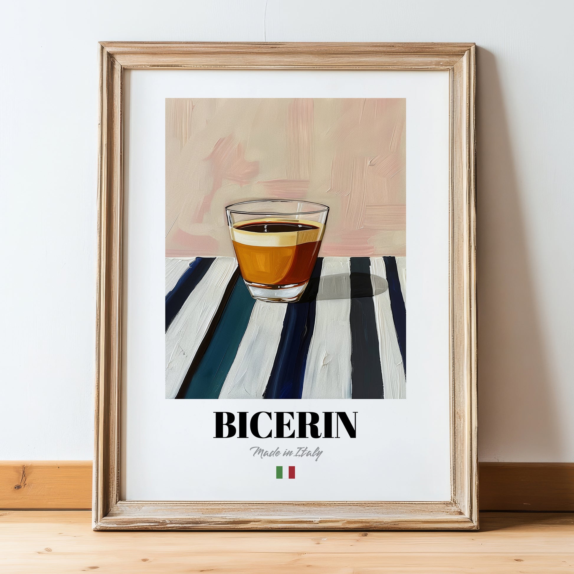 Bicerin – Italian Coffee, Book Café Poster, in wooden frame leaning on the floor
