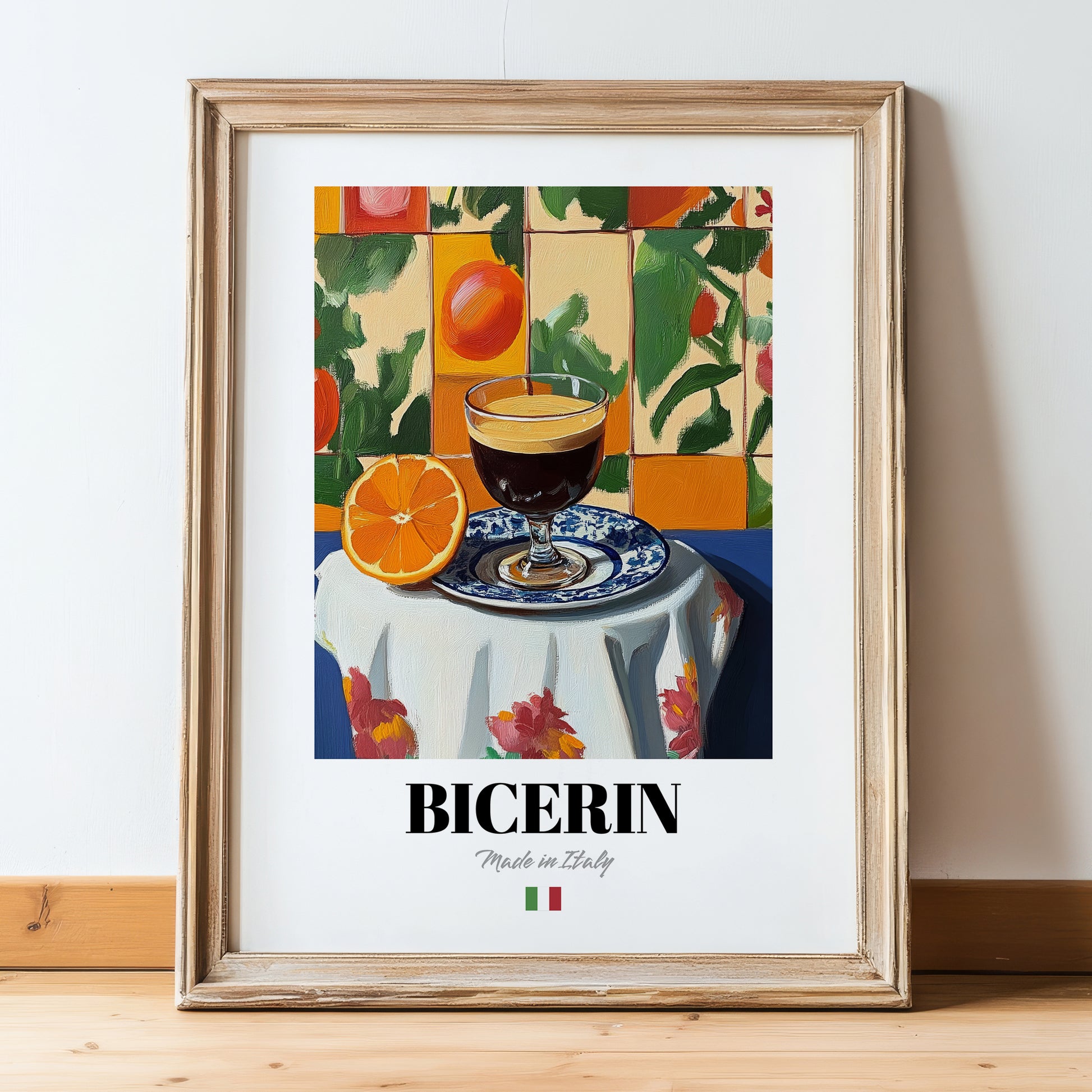Bicerin – Italian Coffee, Espresso Bar Poster, in wooden frame leaning on the floor