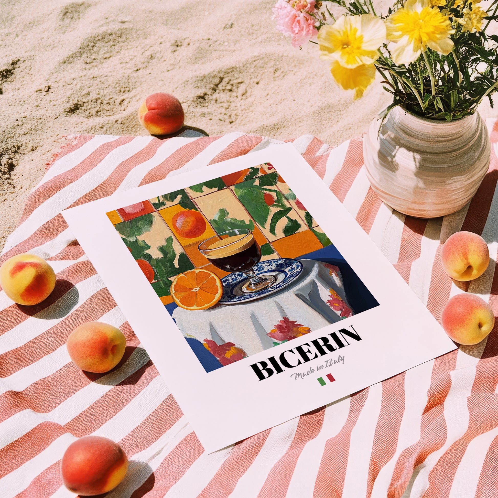 Bicerin – Italian Coffee, Espresso Bar Poster, unframed on coastal sand