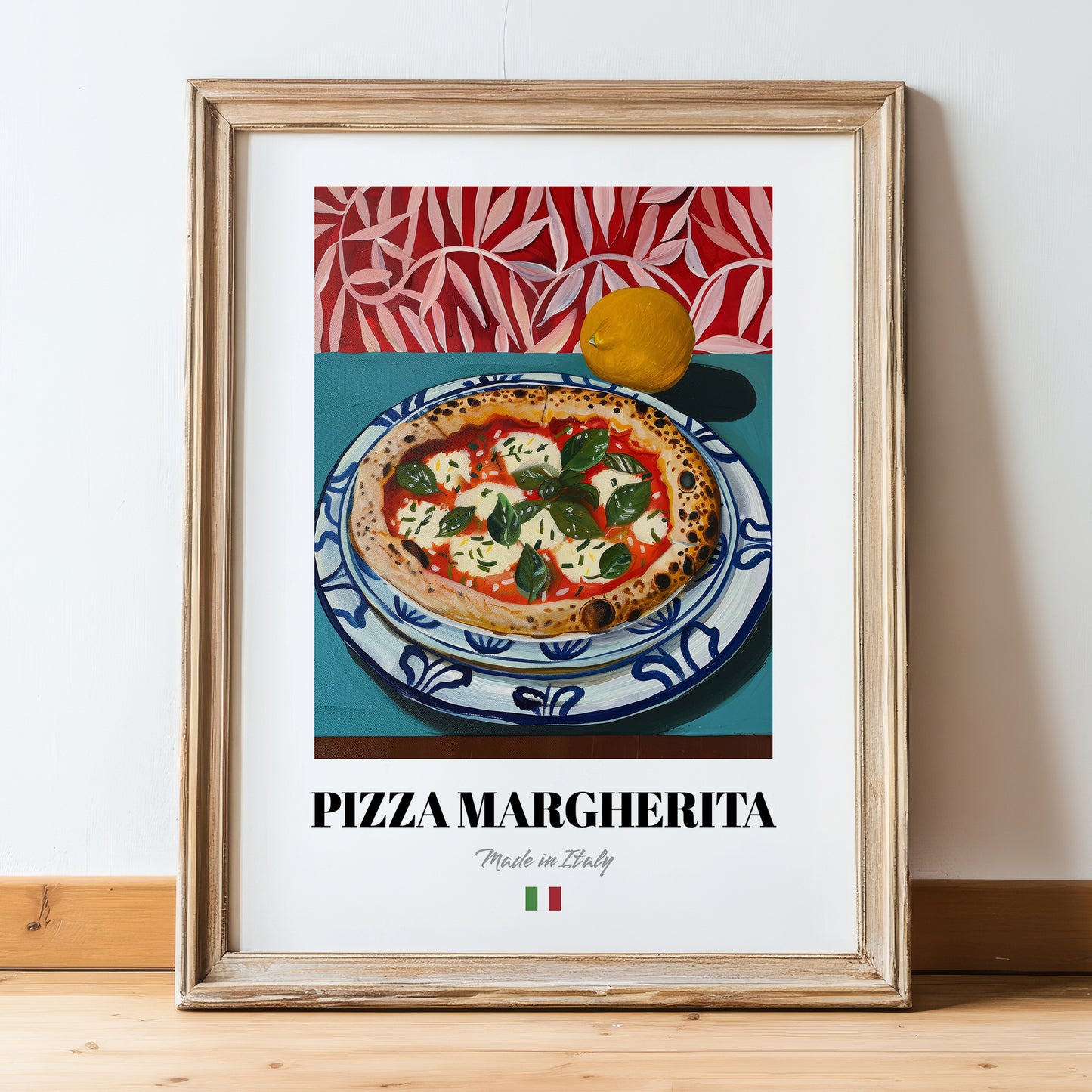 Pizza Margherita – Italian Pizza, Trattoria Poster, in wooden frame leaning on the floor
