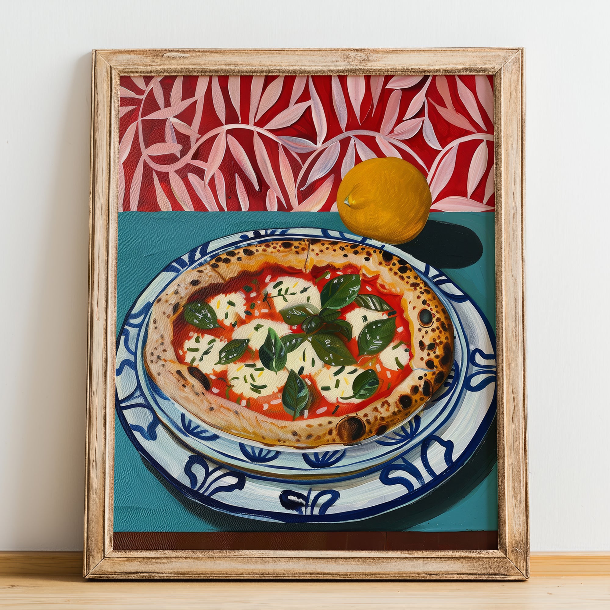 Pizza Margherita – Italian Pizza, Trattoria Poster, no-text version framed in wood