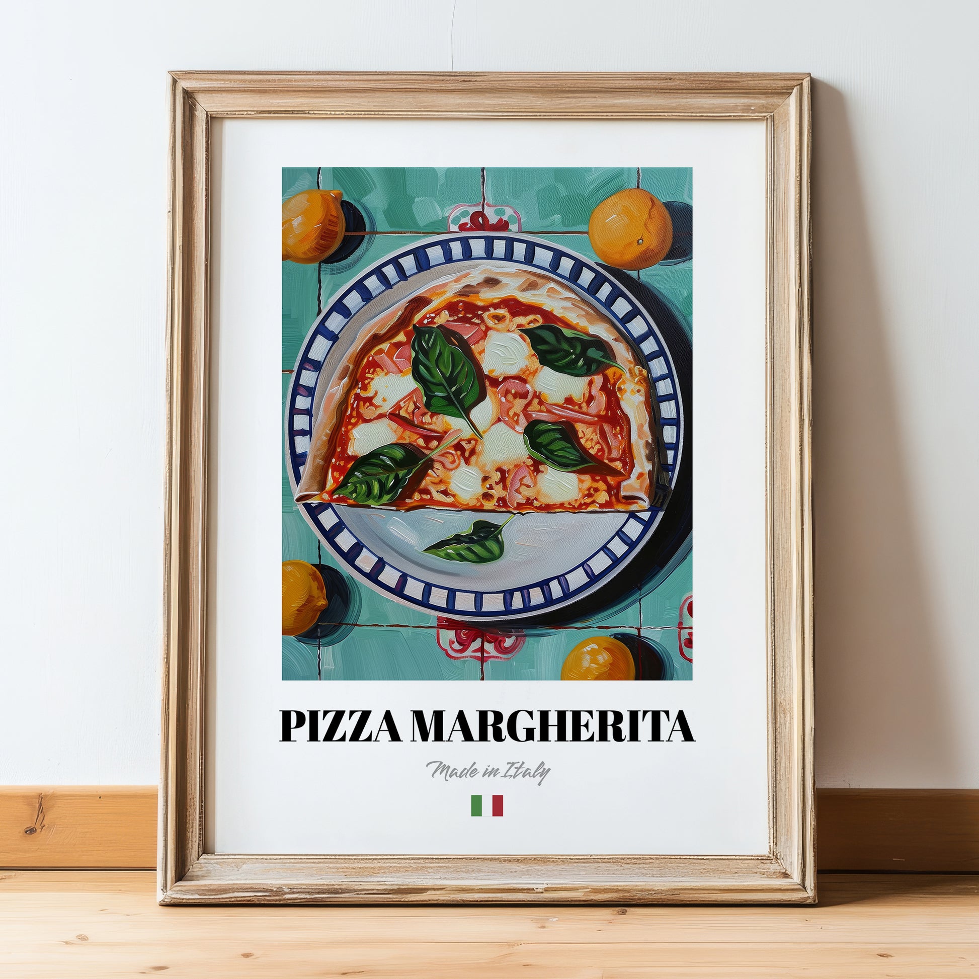 Pizza Margherita – Italian Pizza, Ristorante Poster, in wooden frame leaning on the floor