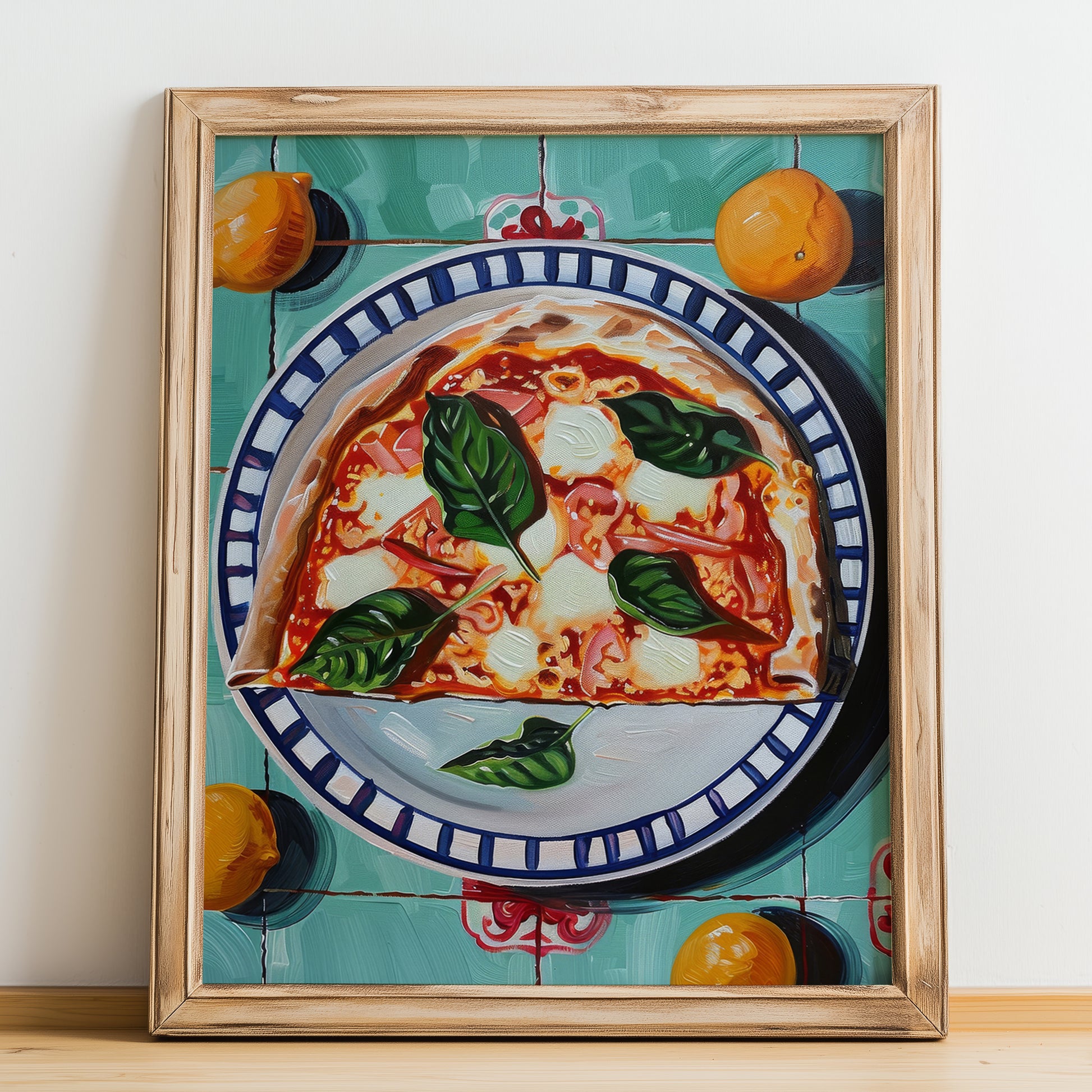 Pizza Margherita – Italian Pizza, Ristorante Poster, no-text version framed in wood