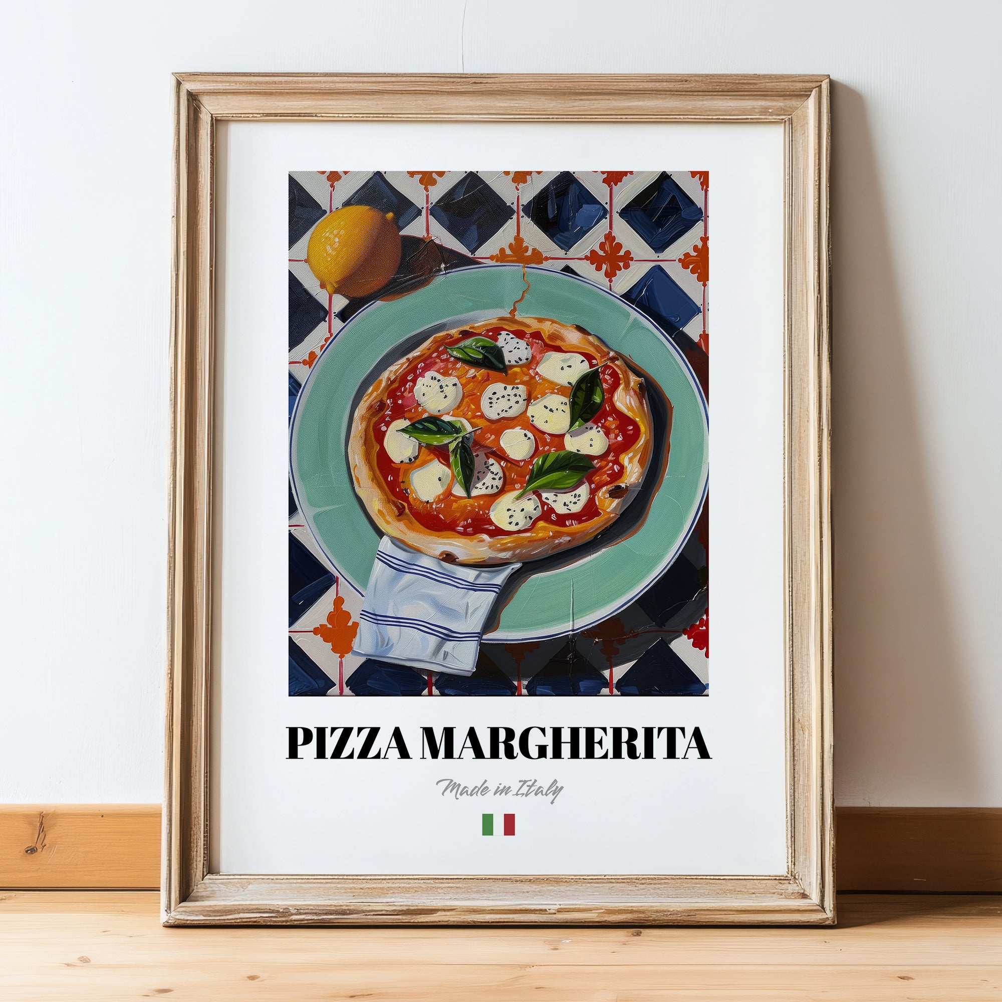 Pizza Margherita – Italian Pizza, Restaurant Painting, in wooden frame leaning on the floor