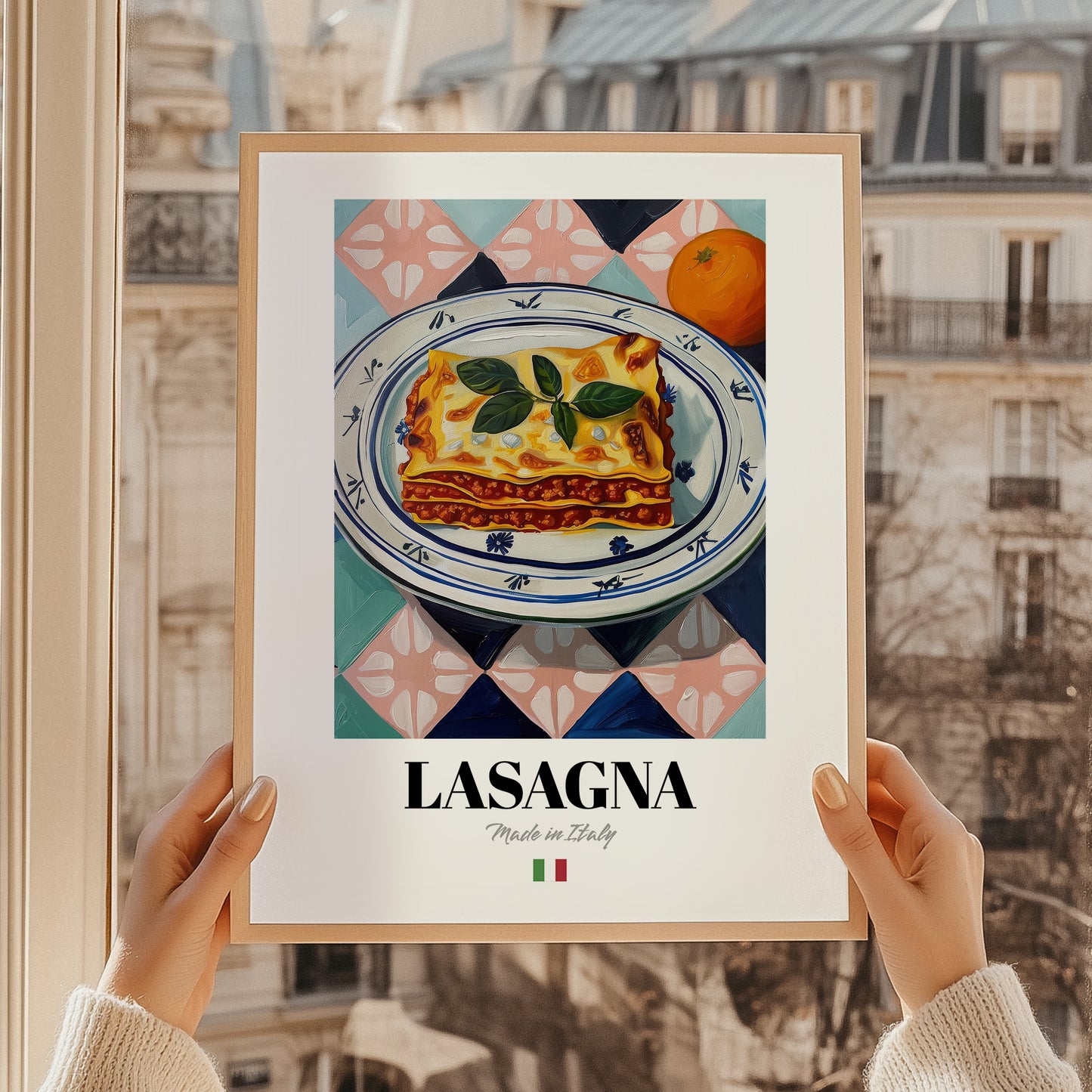 Lasagna – Italian Pasta, Trattoria Print, styled in a charming Paris street view
