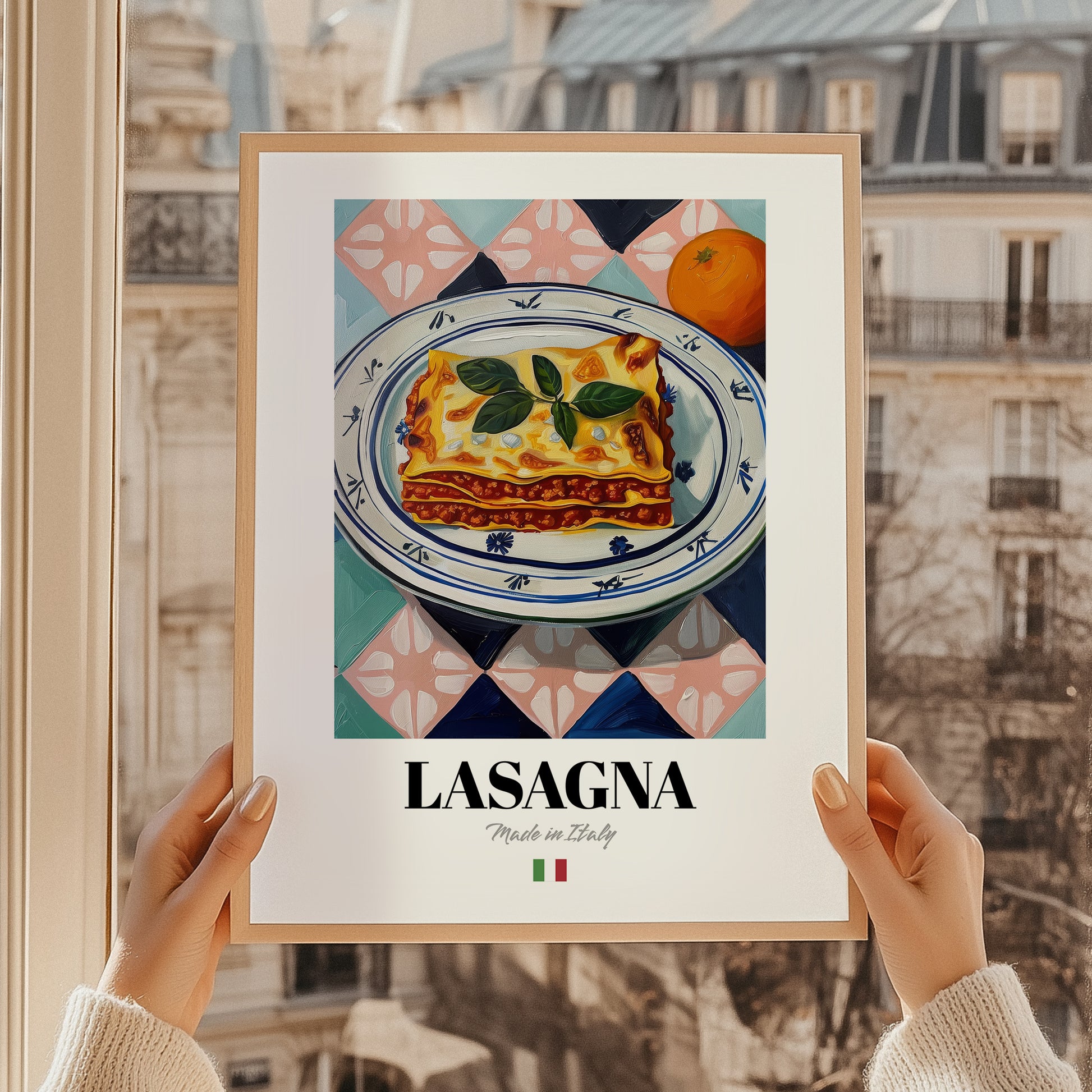 Lasagna – Italian Pasta, Trattoria Print, styled in a charming Paris street view