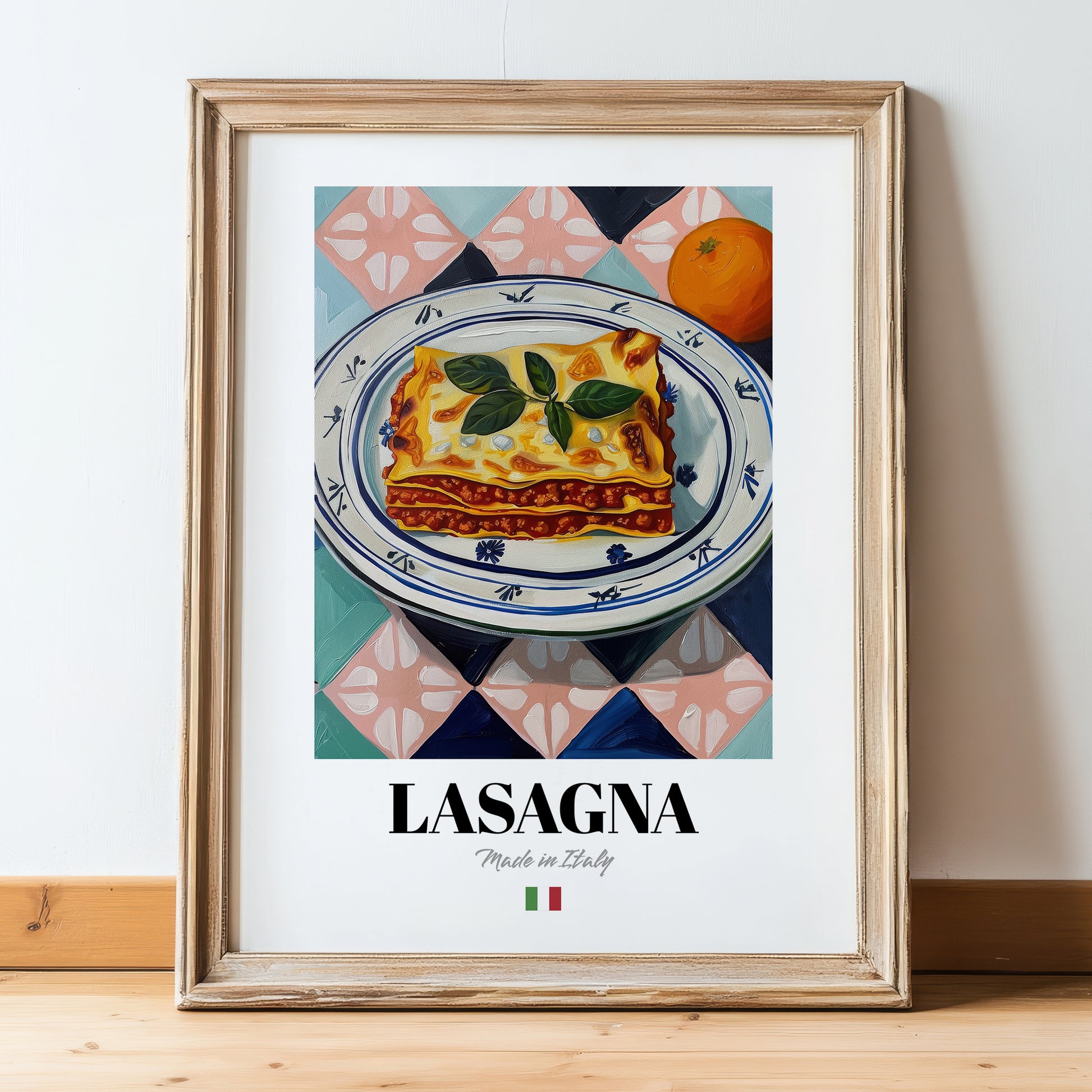 Lasagna – Italian Pasta, Trattoria Print, in wooden frame leaning on the floor
