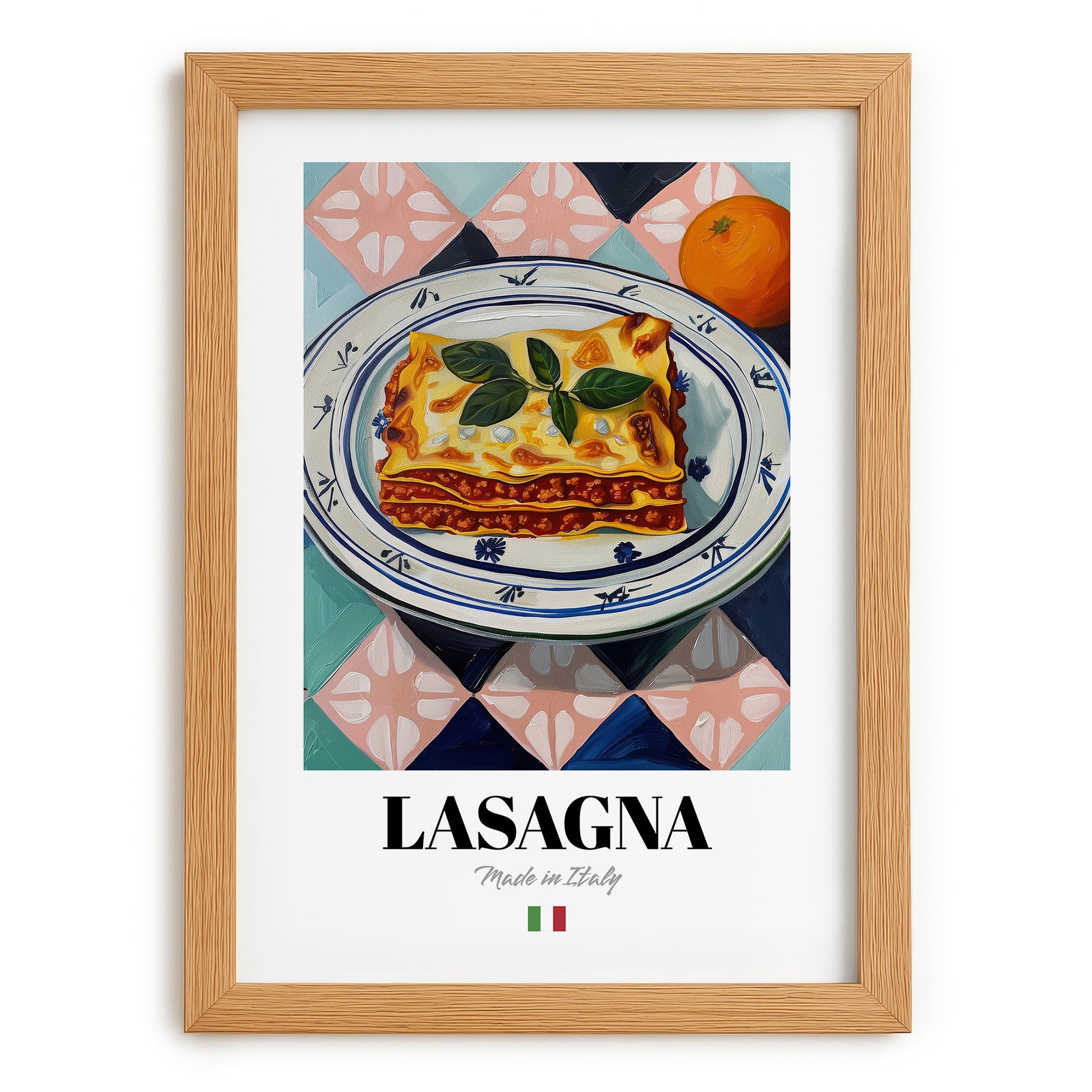 Lasagna – Italian Pasta, Trattoria Print, set in oak frame