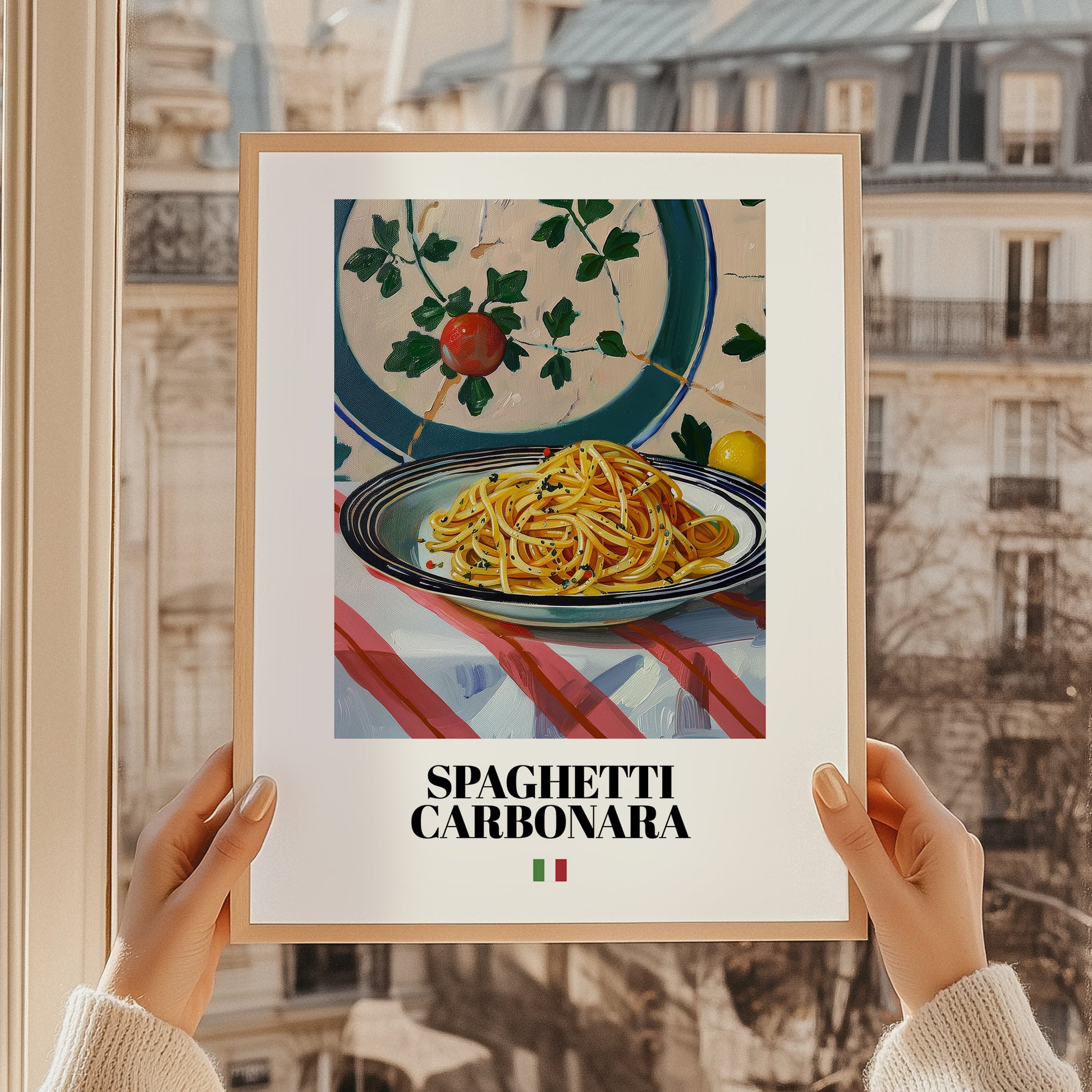 Spaghetti Carbonara – Italian Pasta, Restaurant Still Life, styled in a charming Paris street view