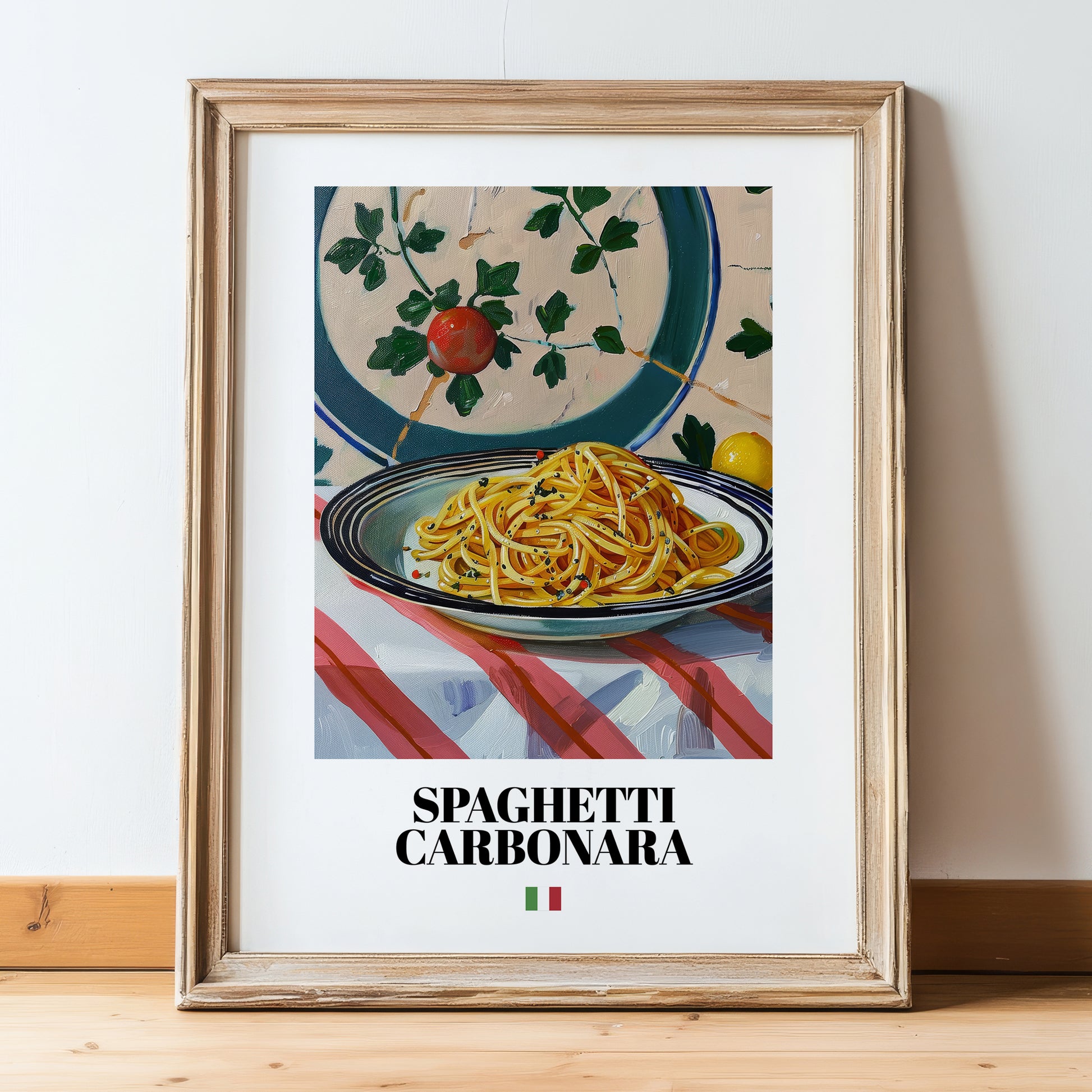 Spaghetti Carbonara – Italian Pasta, Restaurant Still Life, in wooden frame leaning on the floor