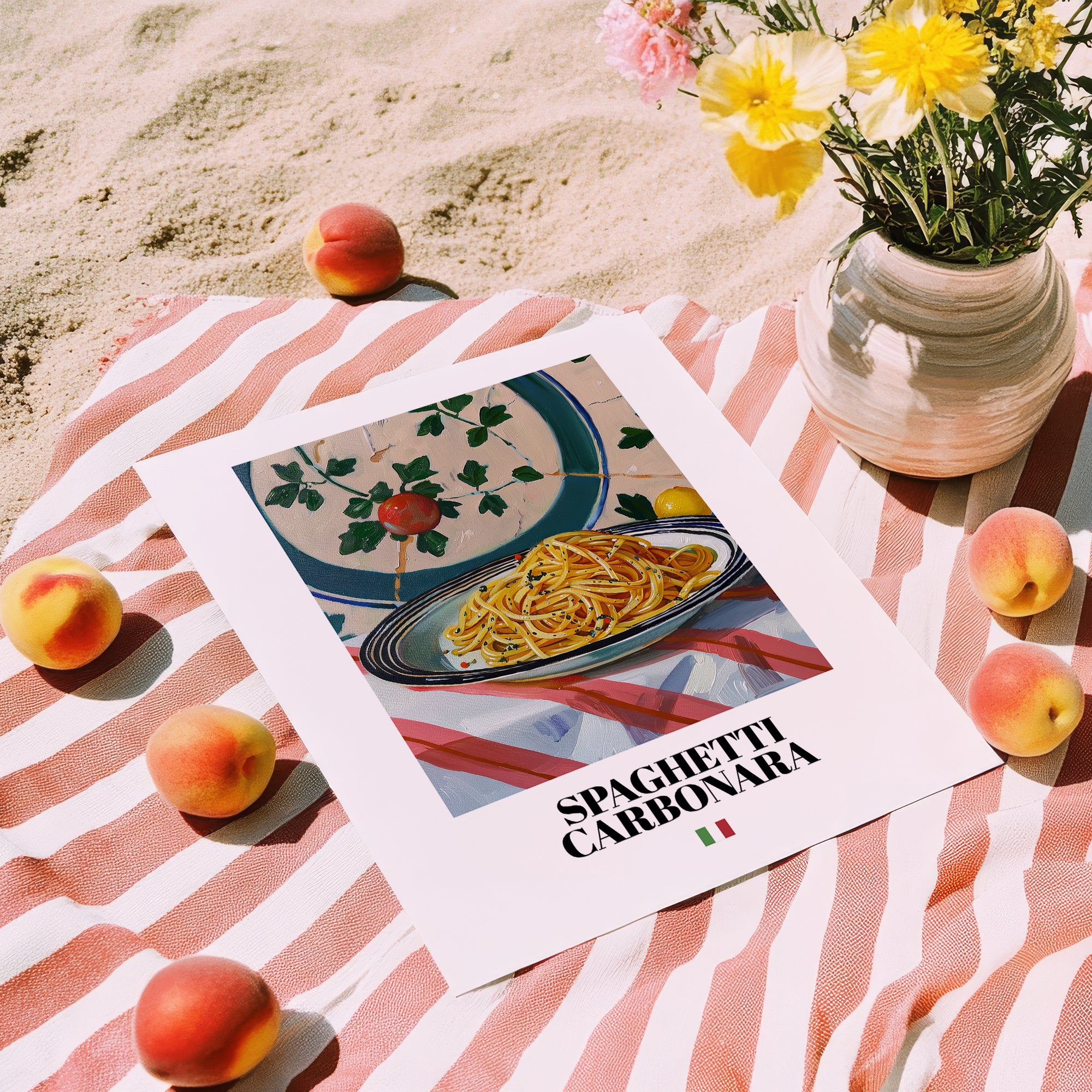 Spaghetti Carbonara – Italian Pasta, Restaurant Still Life, unframed on coastal sand
