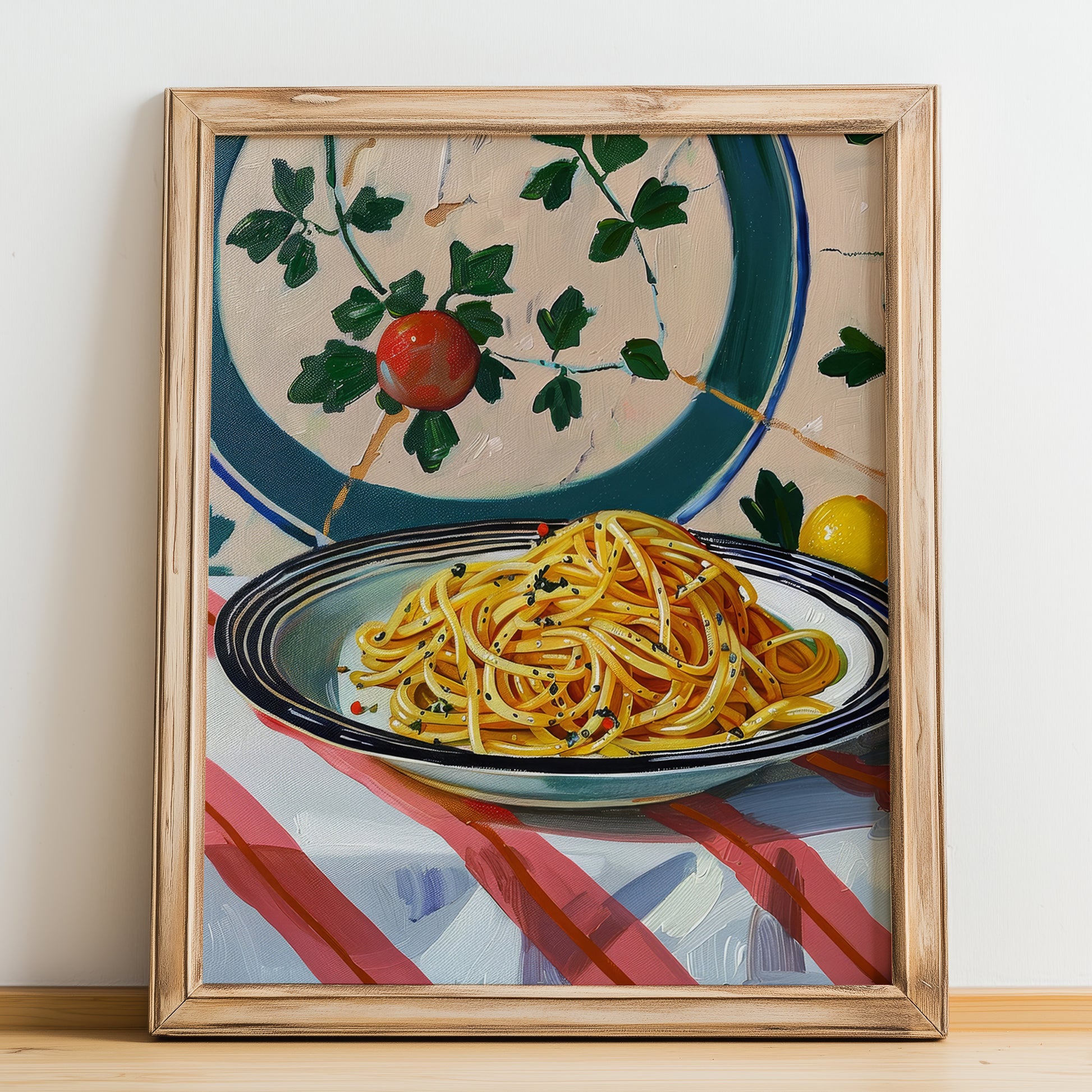 Spaghetti Carbonara – Italian Pasta, Restaurant Still Life, no-text version framed in wood