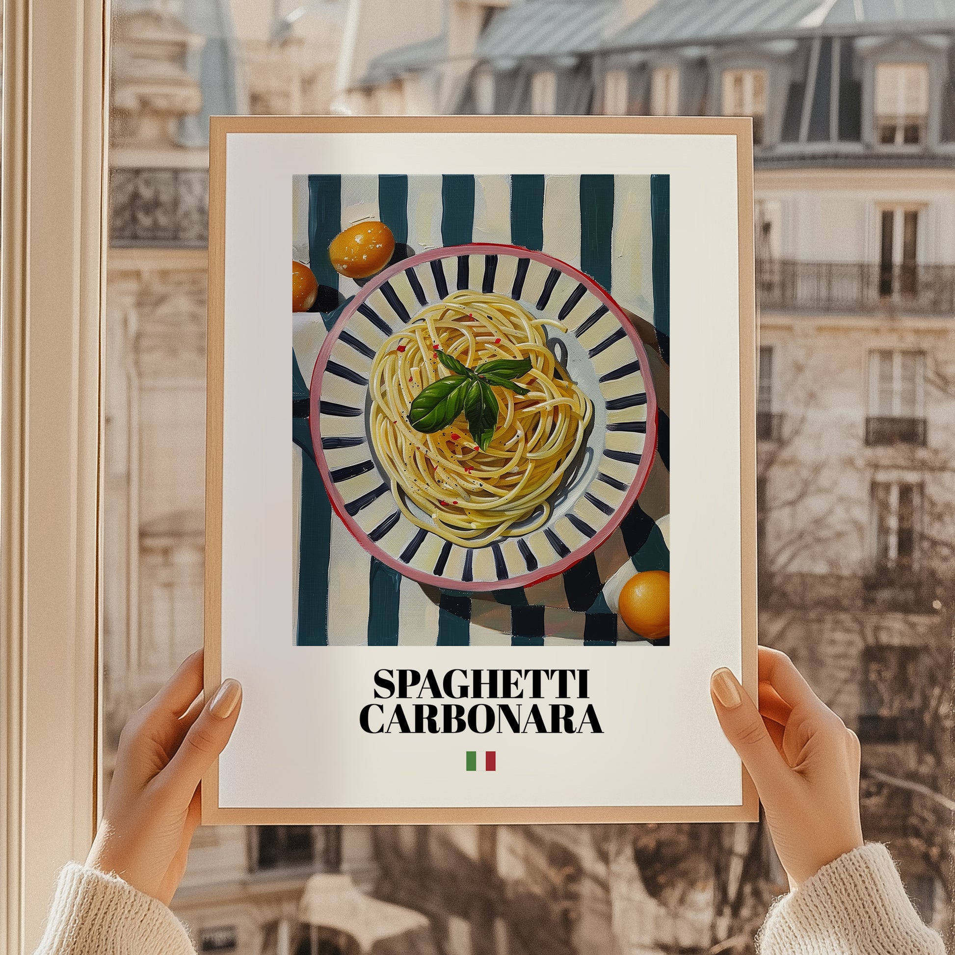 Spaghetti Carbonara – Italian Pasta, Trattoria Wall Decor, styled in a charming Paris street view