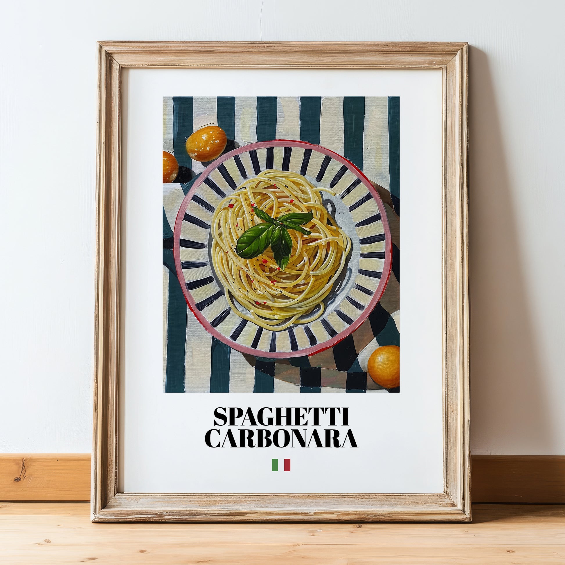Spaghetti Carbonara – Italian Pasta, Trattoria Wall Decor, in wooden frame leaning on the floor