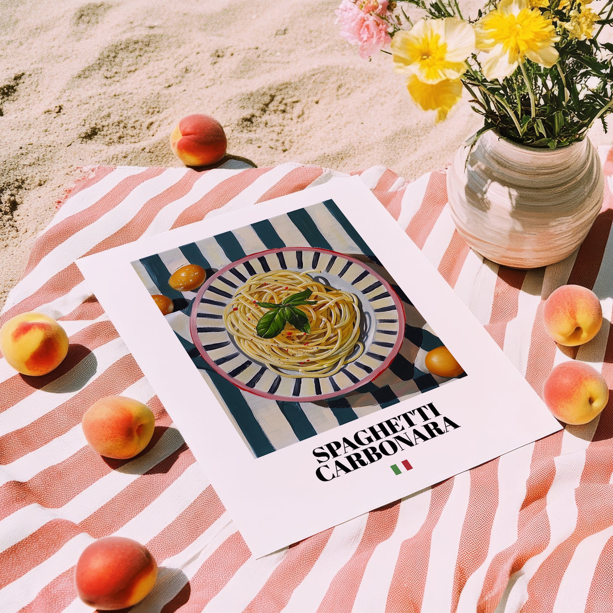 Spaghetti Carbonara – Italian Pasta, Trattoria Wall Decor, unframed on coastal sand