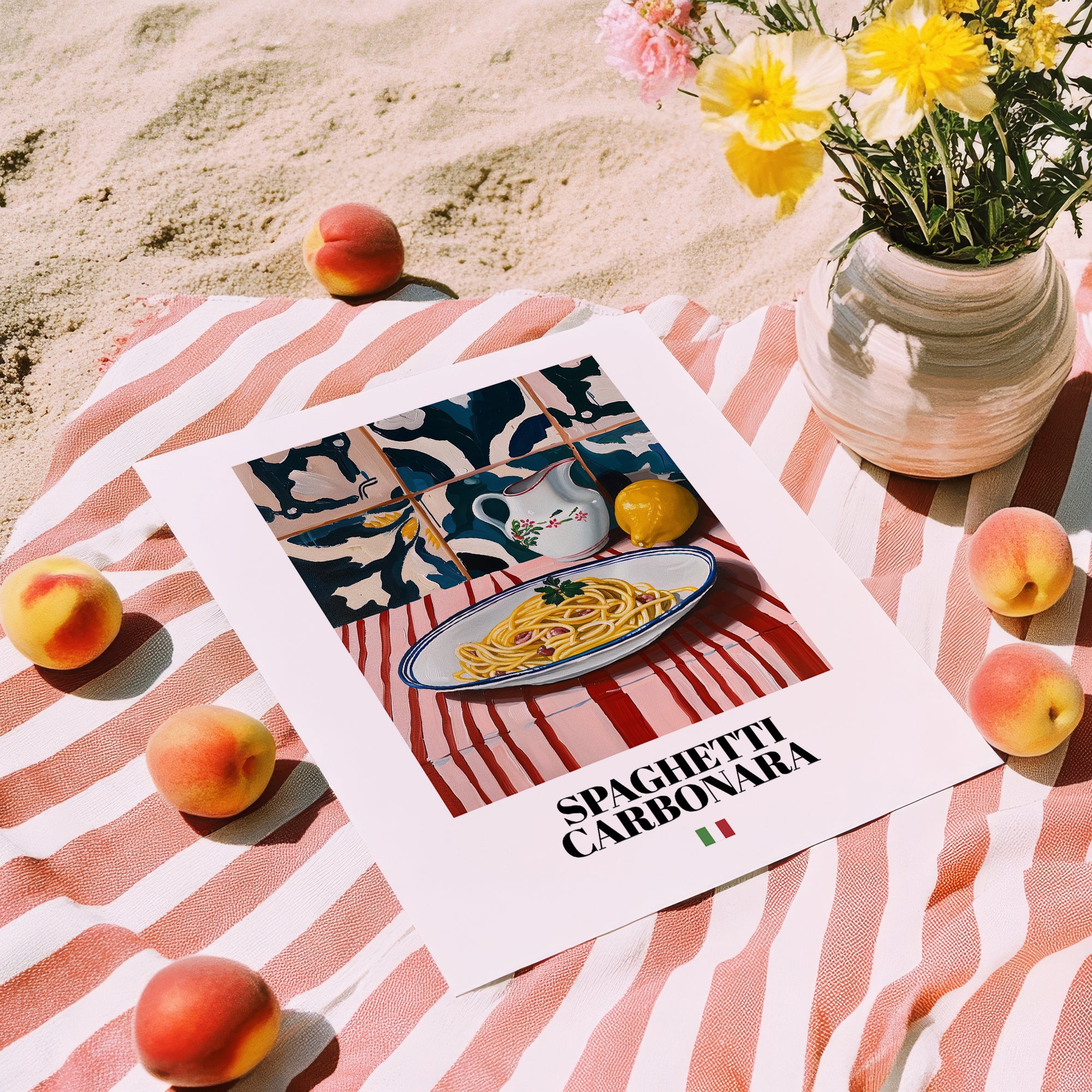 Spaghetti Carbonara – Italian Pasta, Osteria Poster, unframed on coastal sand