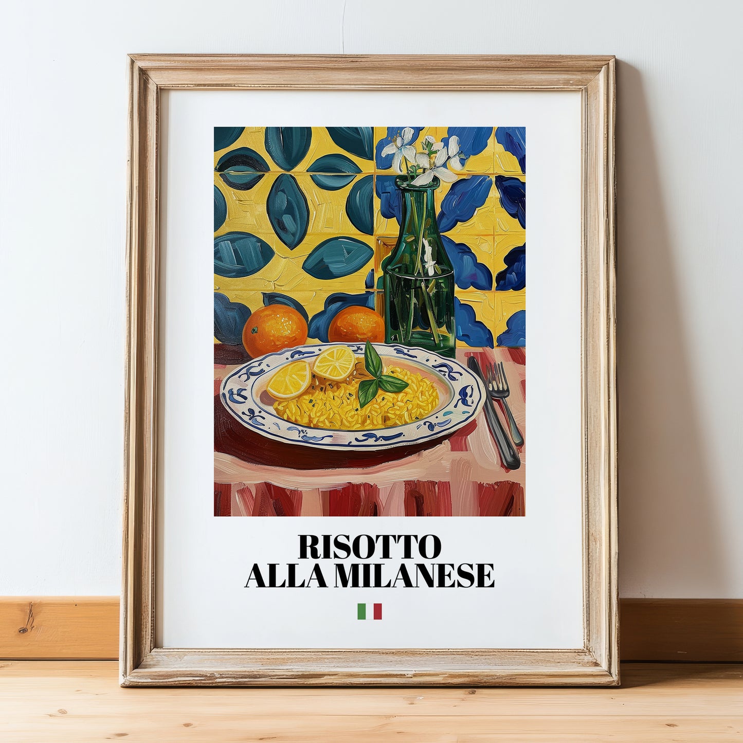 Risotto alla Milanese – Italian Rice Dish, Farmhouse Kitchen Illustration, in wooden frame leaning on the floor