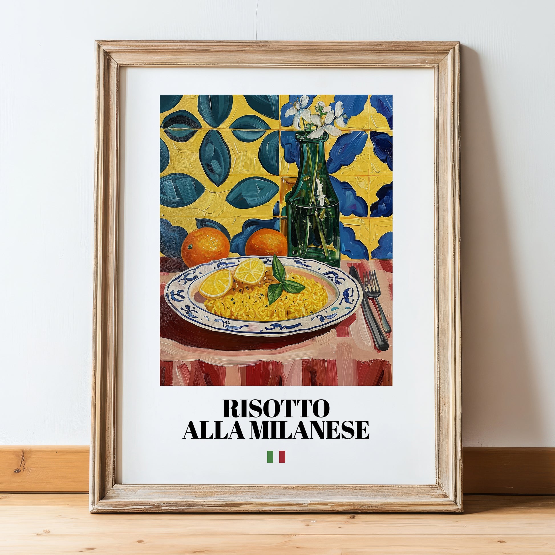 Risotto alla Milanese – Italian Rice Dish, Farmhouse Kitchen Illustration, in wooden frame leaning on the floor