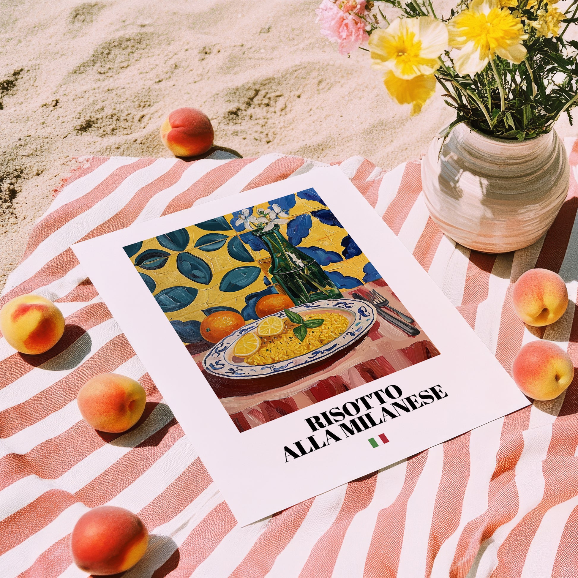 Risotto alla Milanese – Italian Rice Dish, Farmhouse Kitchen Illustration, unframed on coastal sand