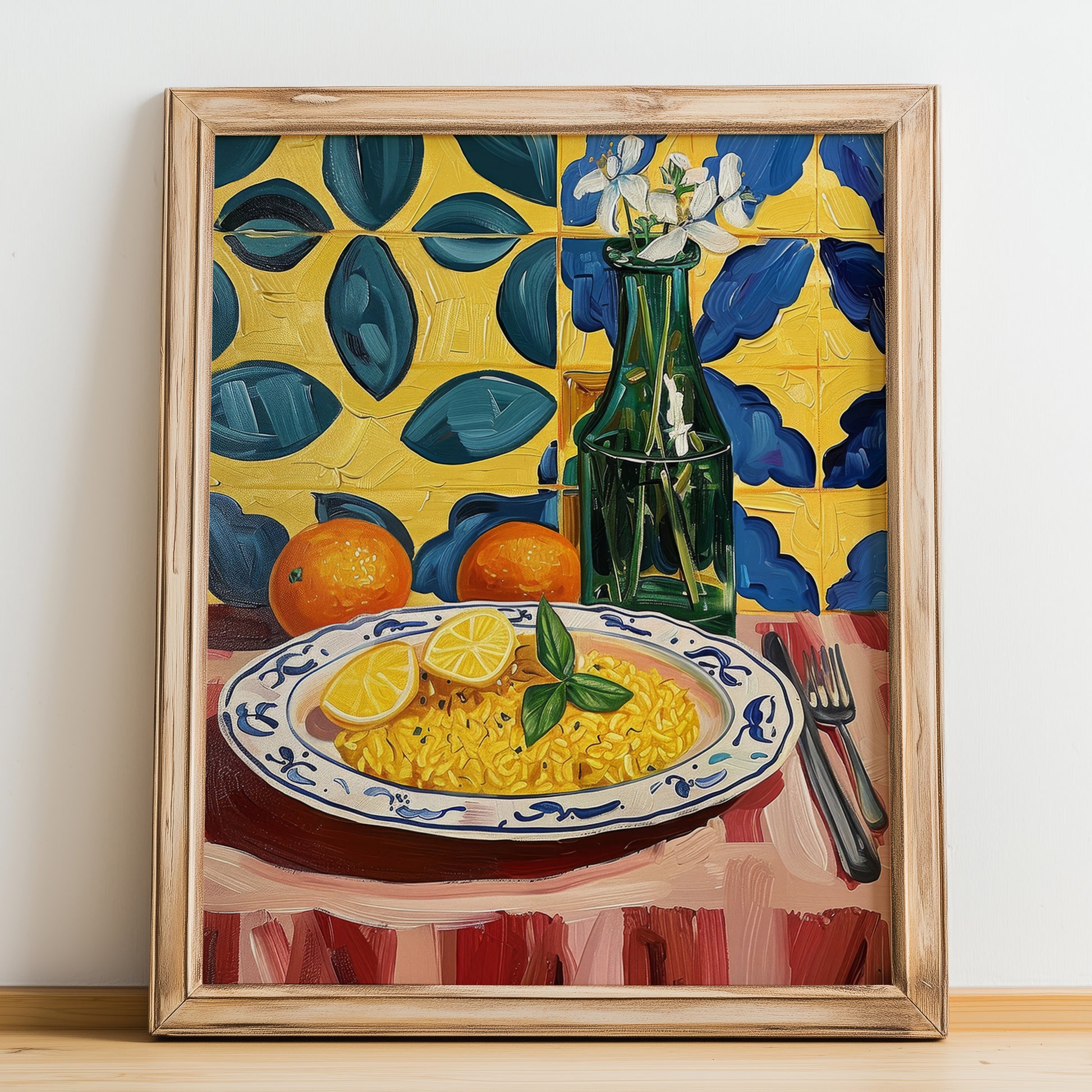Risotto alla Milanese – Italian Rice Dish, Farmhouse Kitchen Illustration, no-text version framed in wood