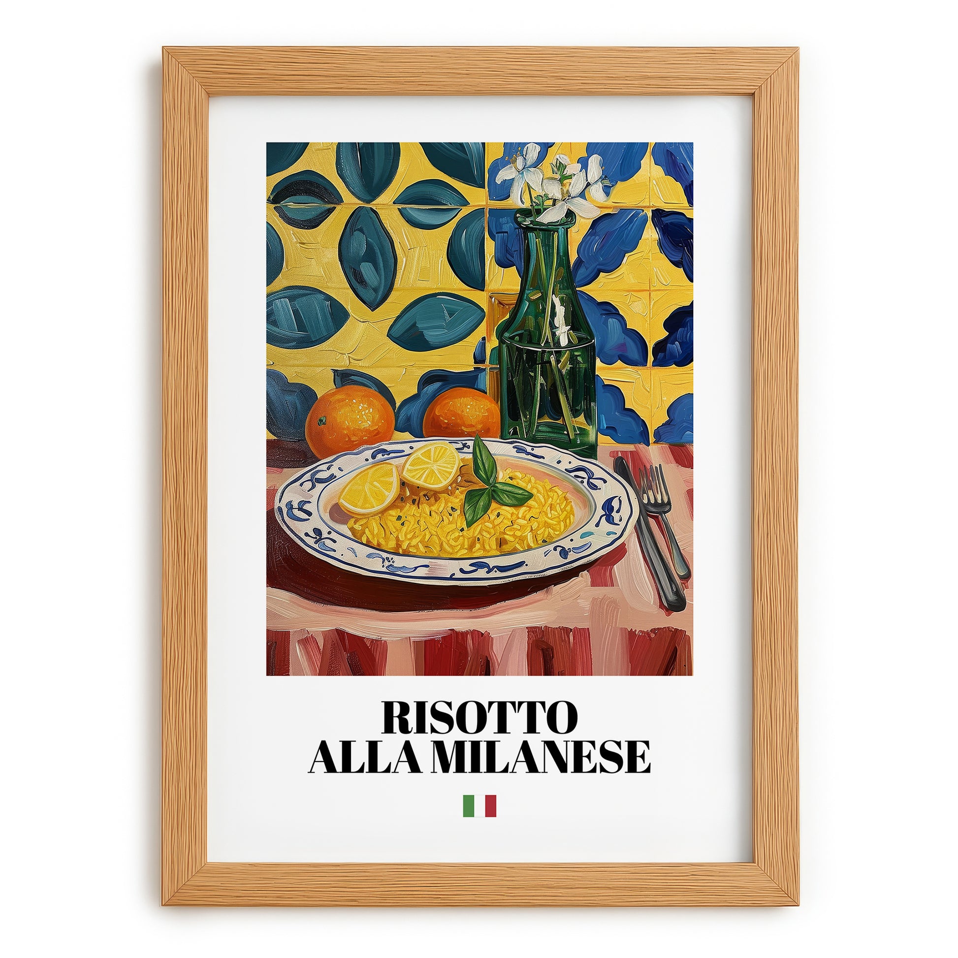 Risotto alla Milanese – Italian Rice Dish, Farmhouse Kitchen Illustration, set in oak frame