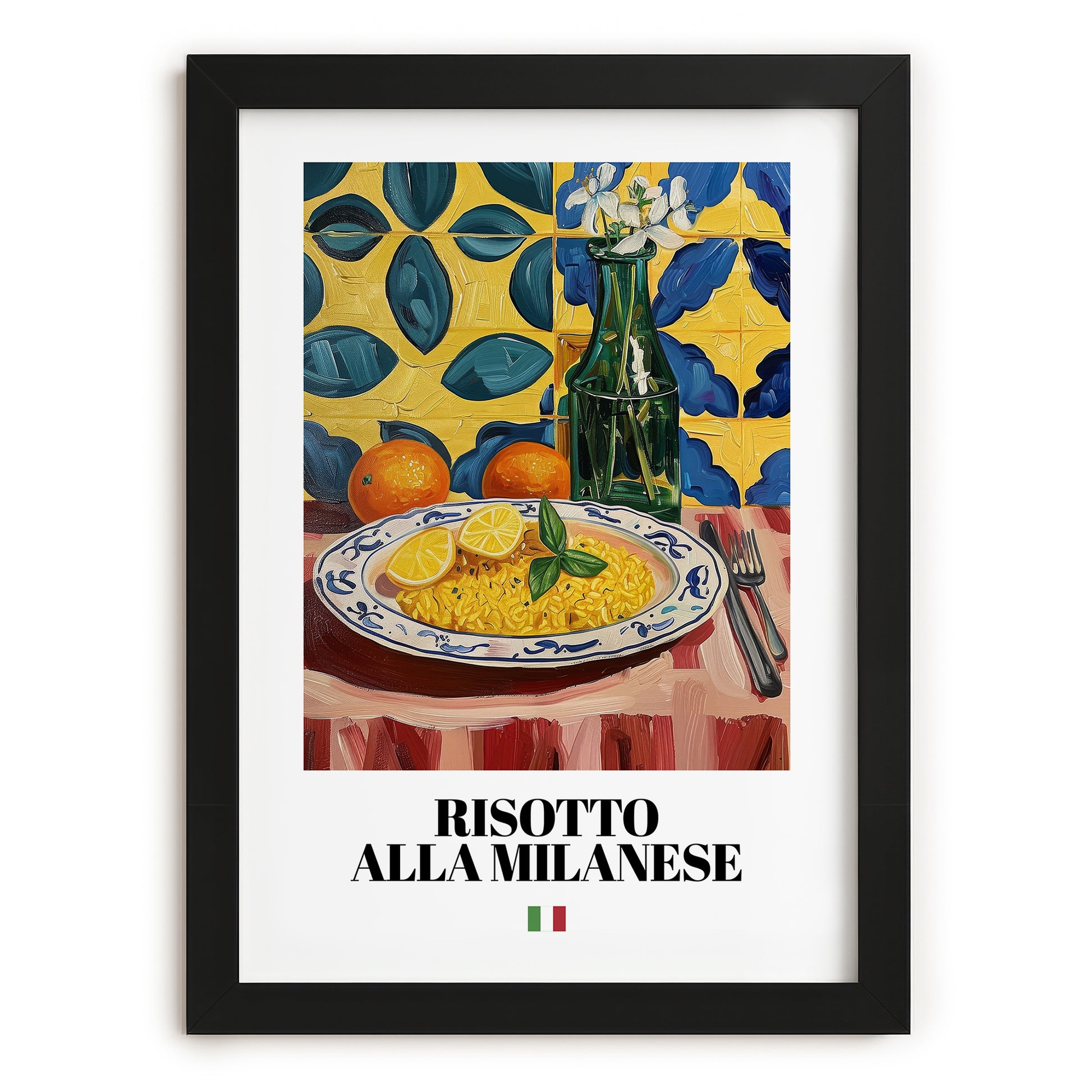 Risotto alla Milanese – Italian Rice Dish, Farmhouse Kitchen Illustration, in sleek black frame