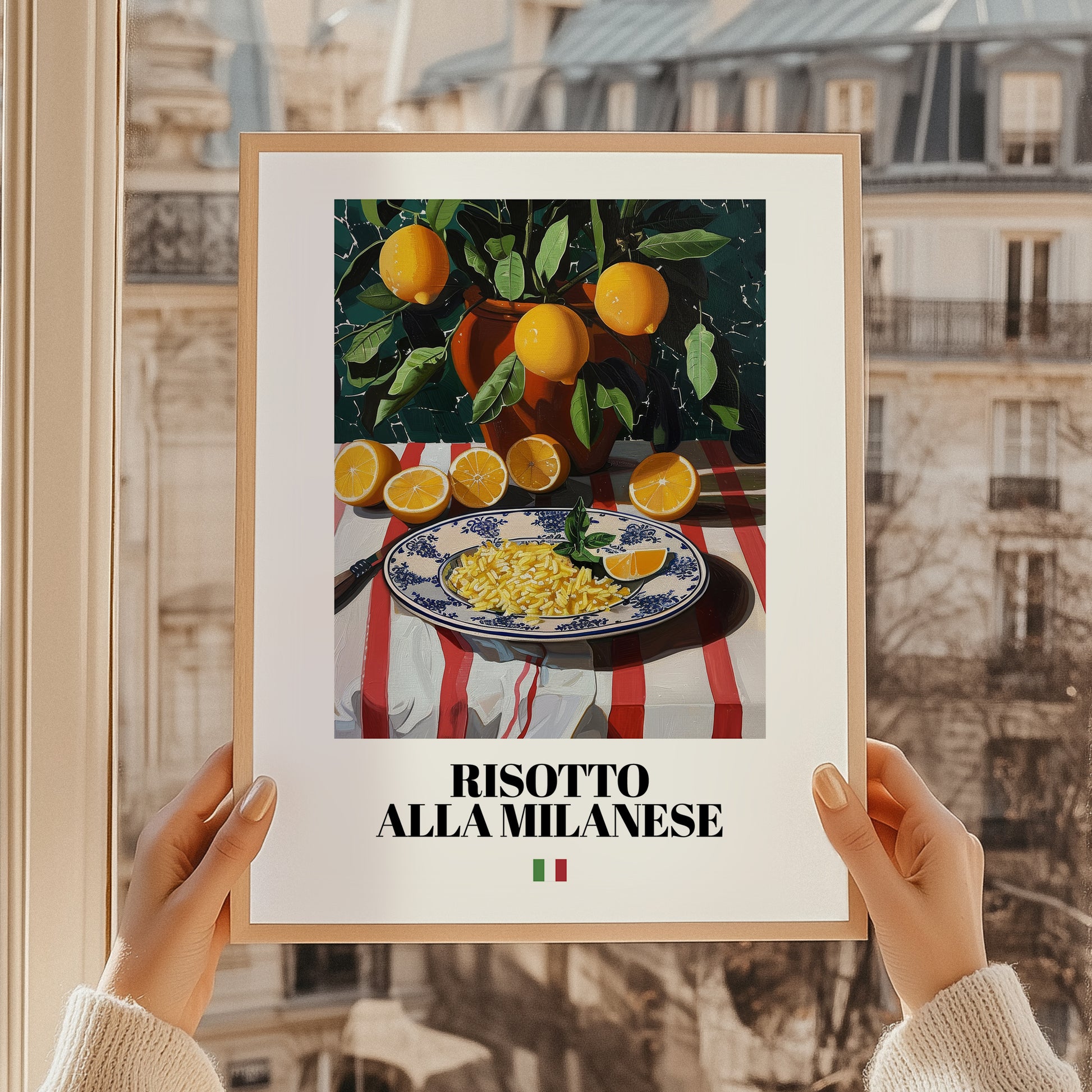 Risotto alla Milanese – Italian Rice Dish, Bistro Illustration, styled in a charming Paris street view
