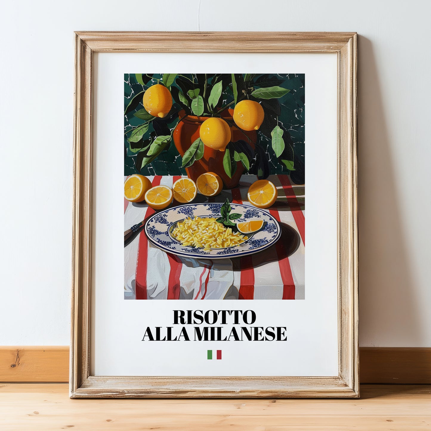 Risotto alla Milanese – Italian Rice Dish, Bistro Illustration, in wooden frame leaning on the floor
