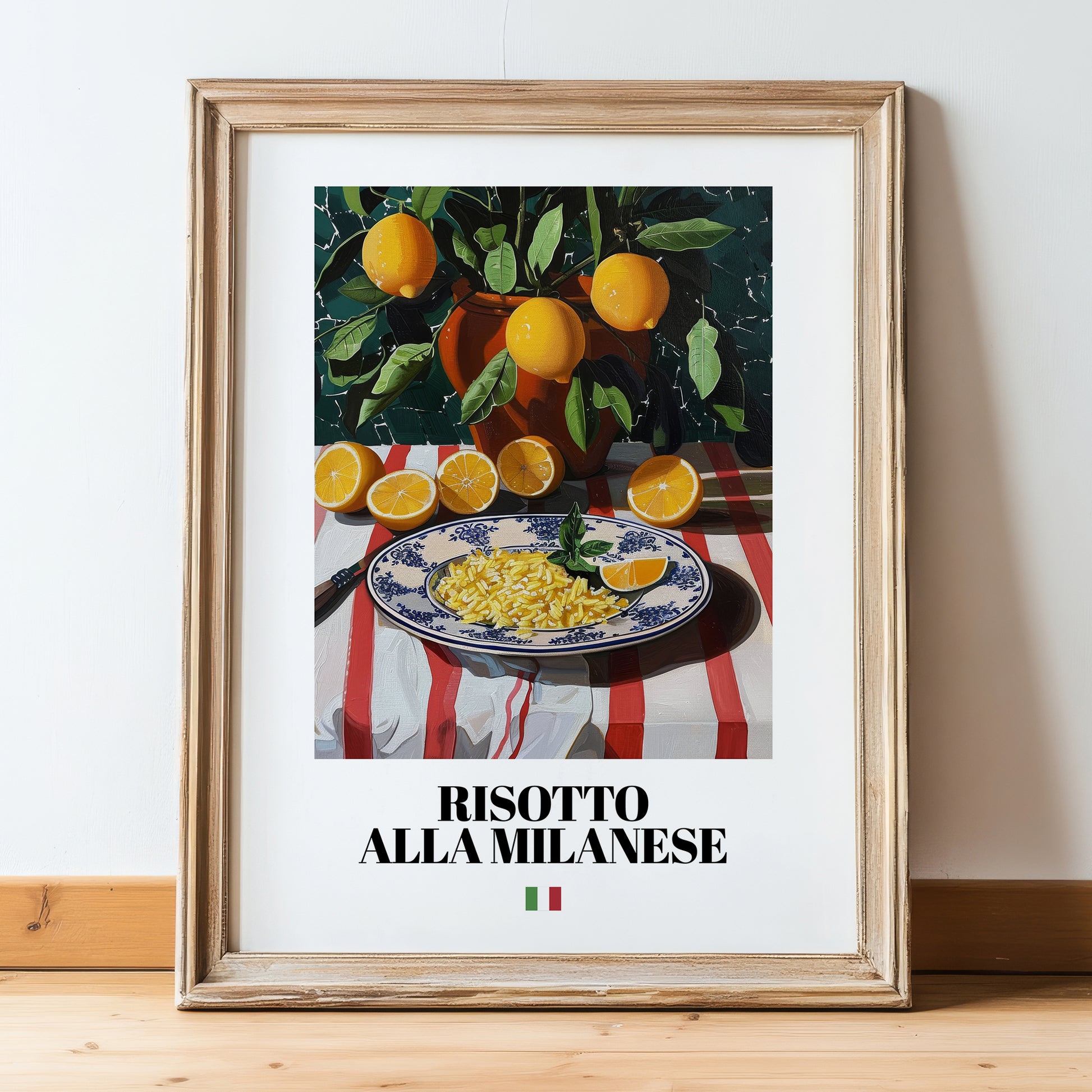 Risotto alla Milanese – Italian Rice Dish, Bistro Illustration, in wooden frame leaning on the floor