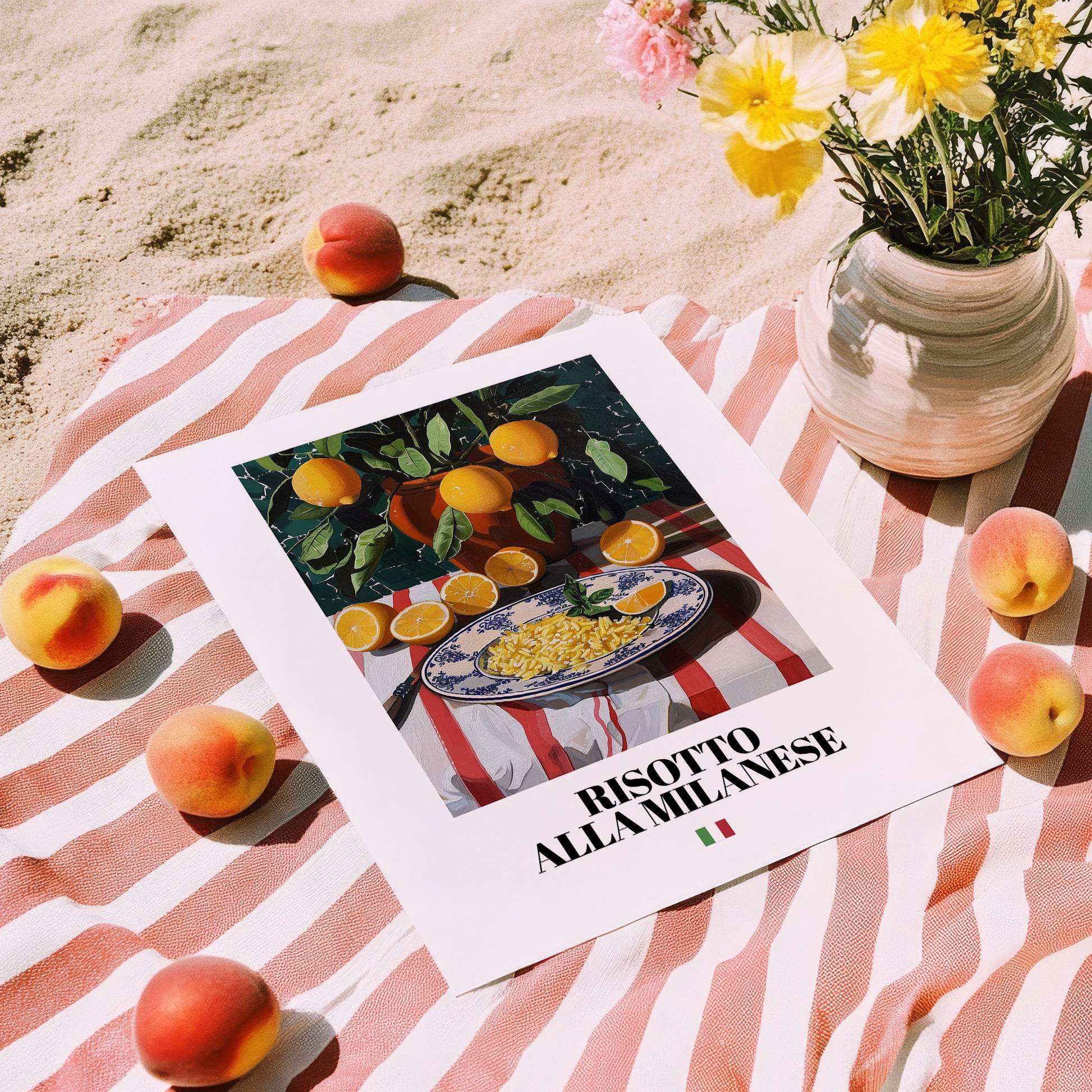 Risotto alla Milanese – Italian Rice Dish, Bistro Illustration, unframed on coastal sand